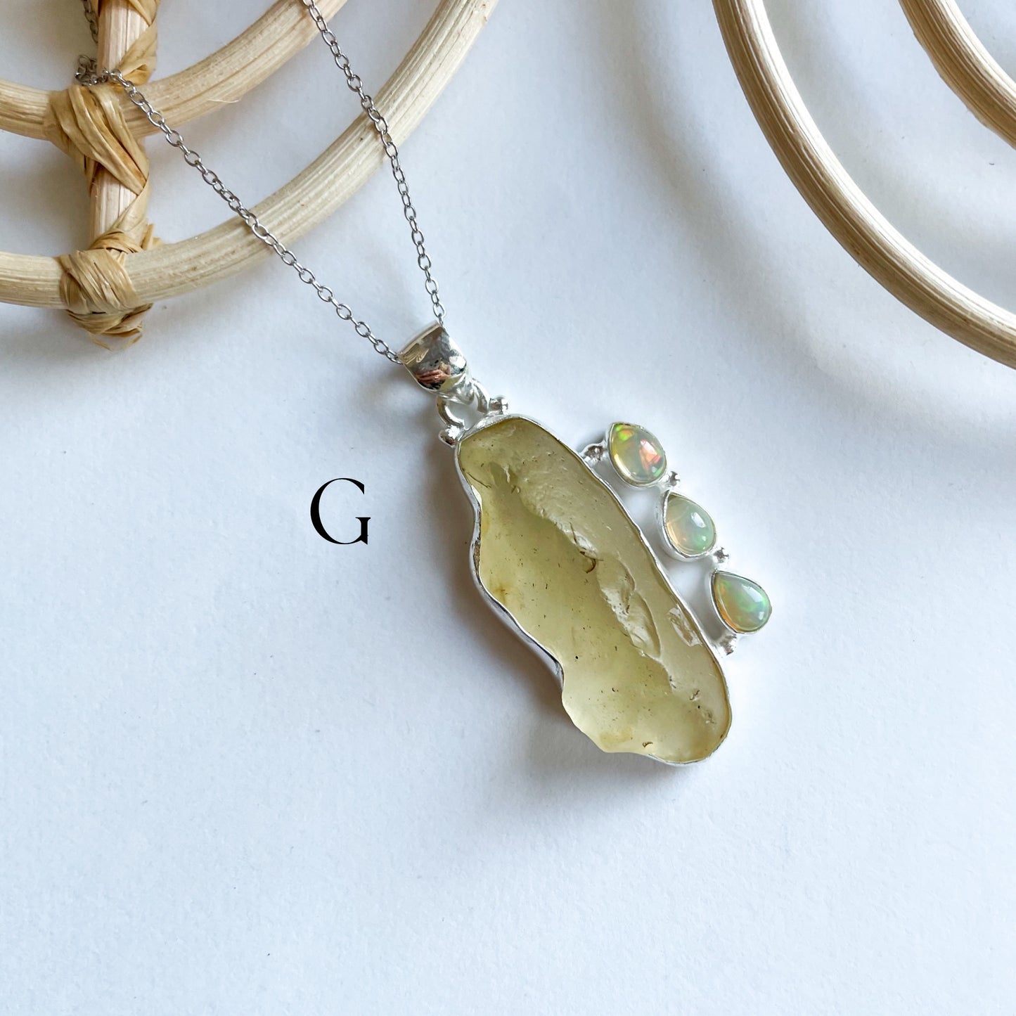 Libyan Desert Glass & Opal Pendant - Solid Sterling Silver