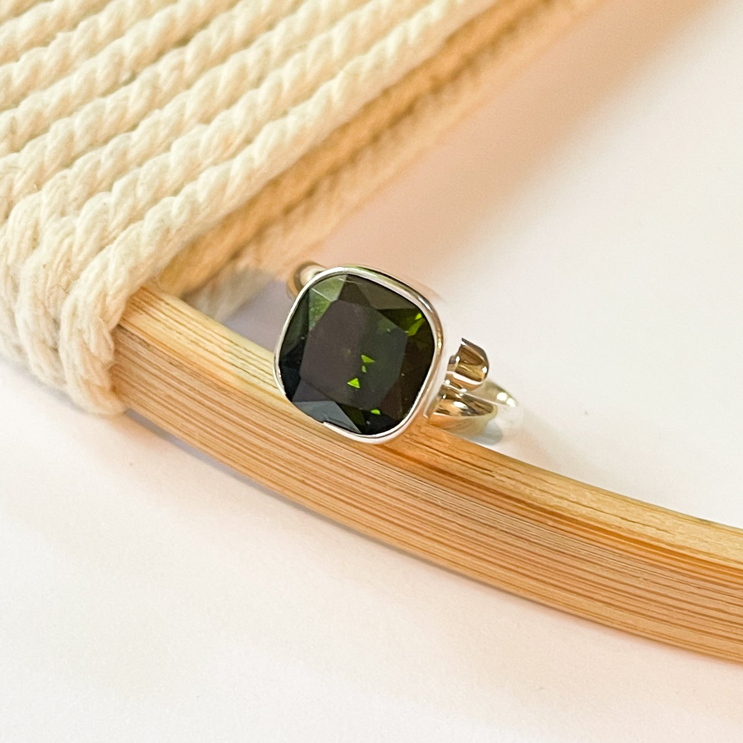 Green CZ Square Bezel Ring - Solid Sterling Silver