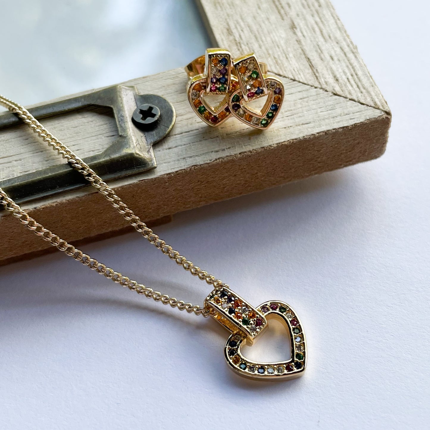 CZ Heart in a Link Earring & Necklace Set - 18k Gold Filled