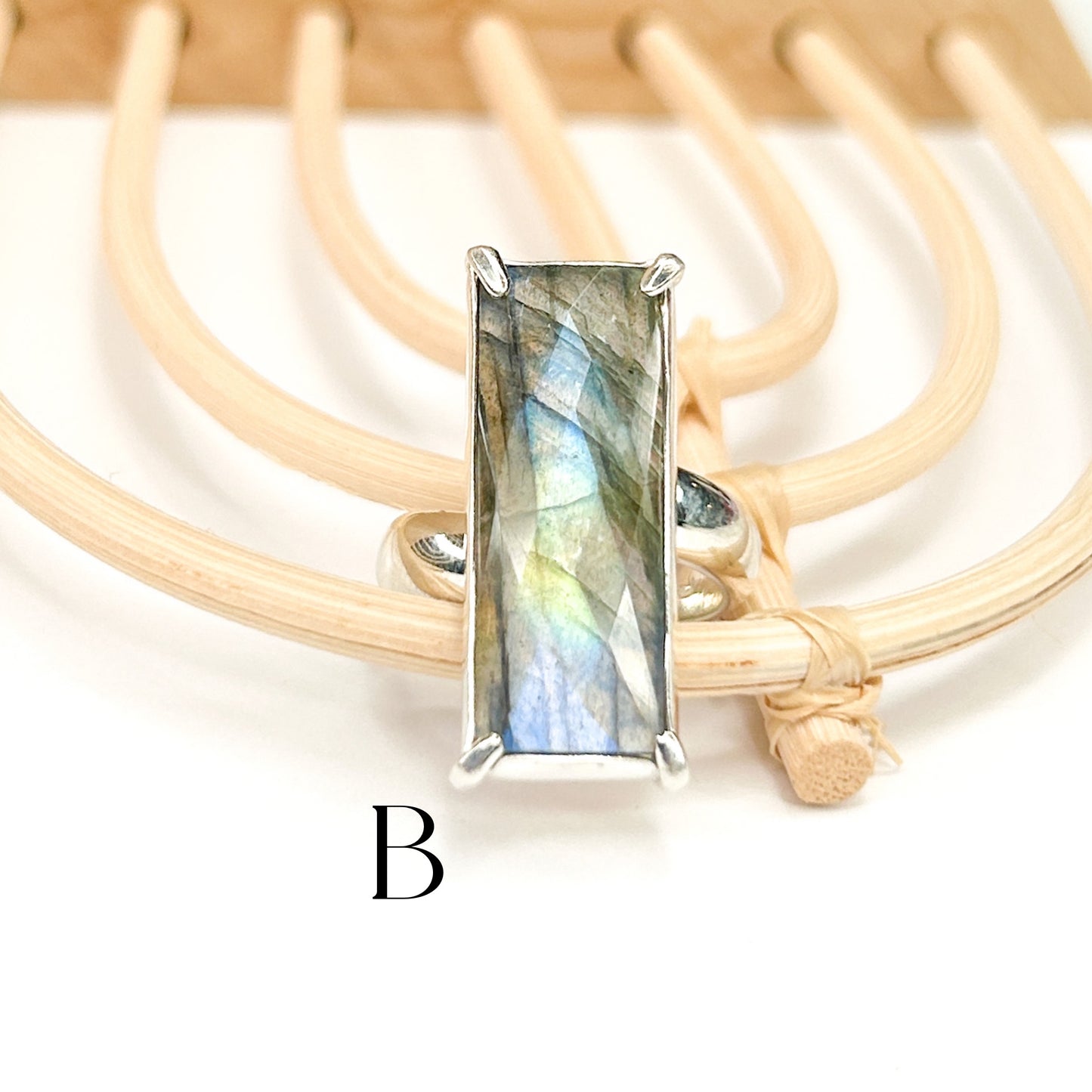 Labradorite Slim Rectangle Faceted Ring - Solid Sterling Silver