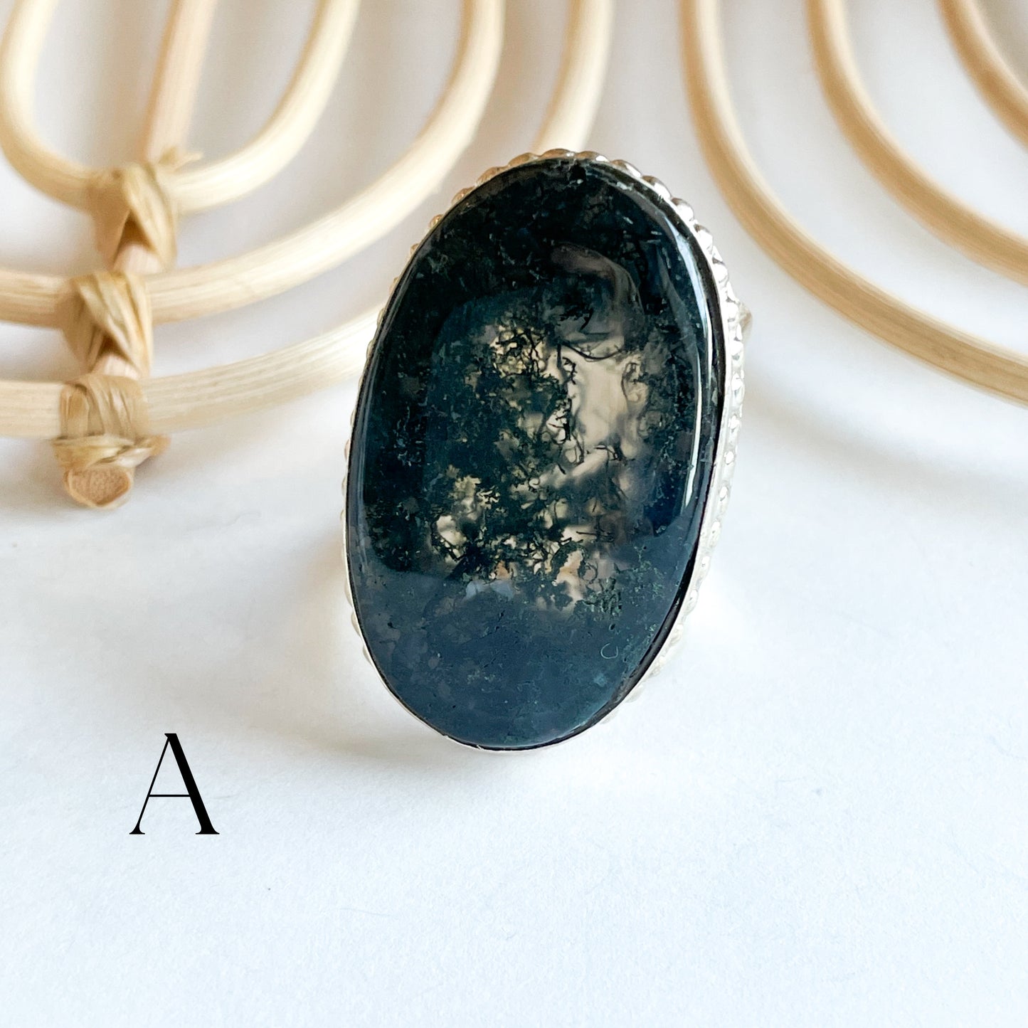 Moss Agate Flex Cuff Statement Ring - Solid Sterling Silver