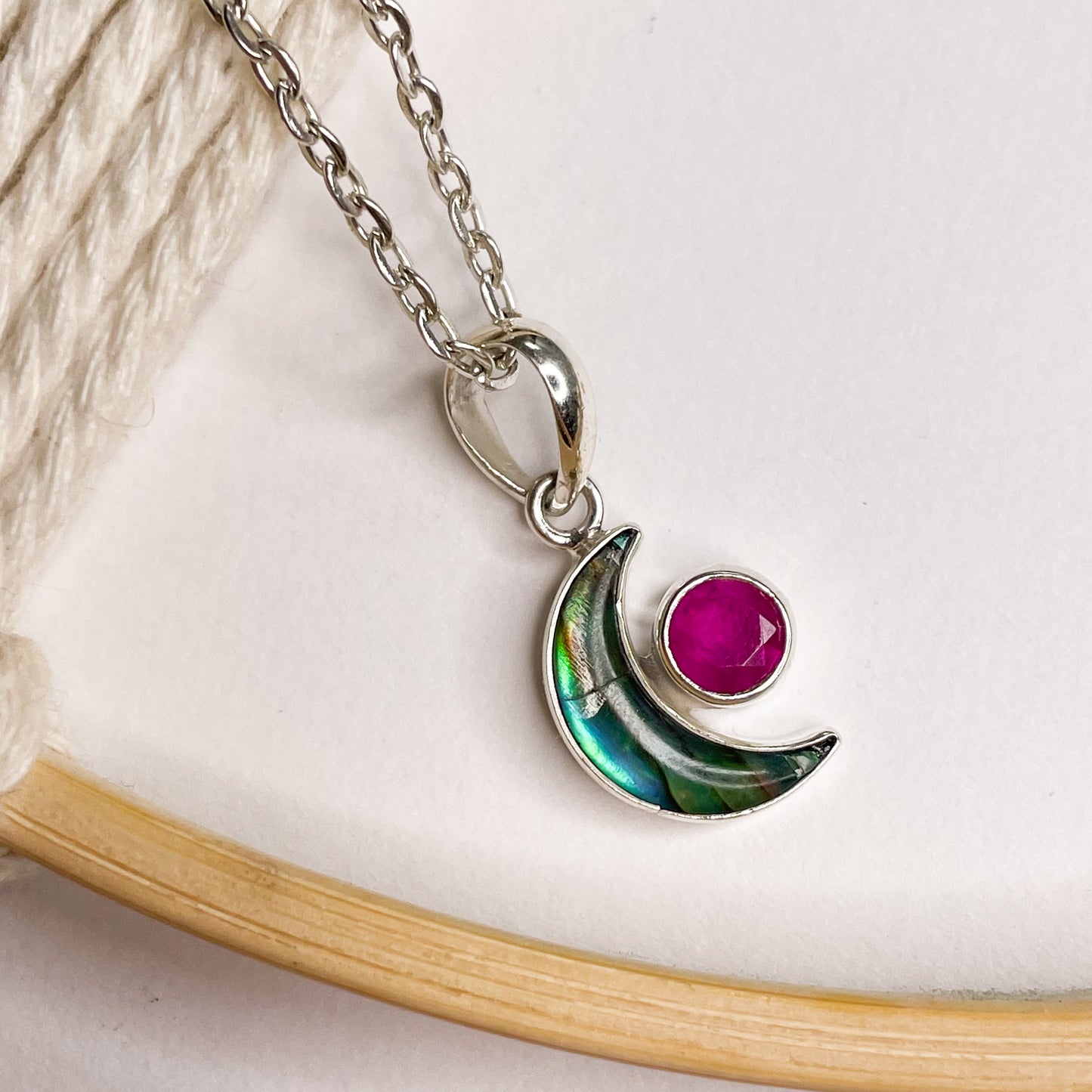 Abalone Moon & Gemstone Bypass Pendant & Ring- Solid Sterling Silver