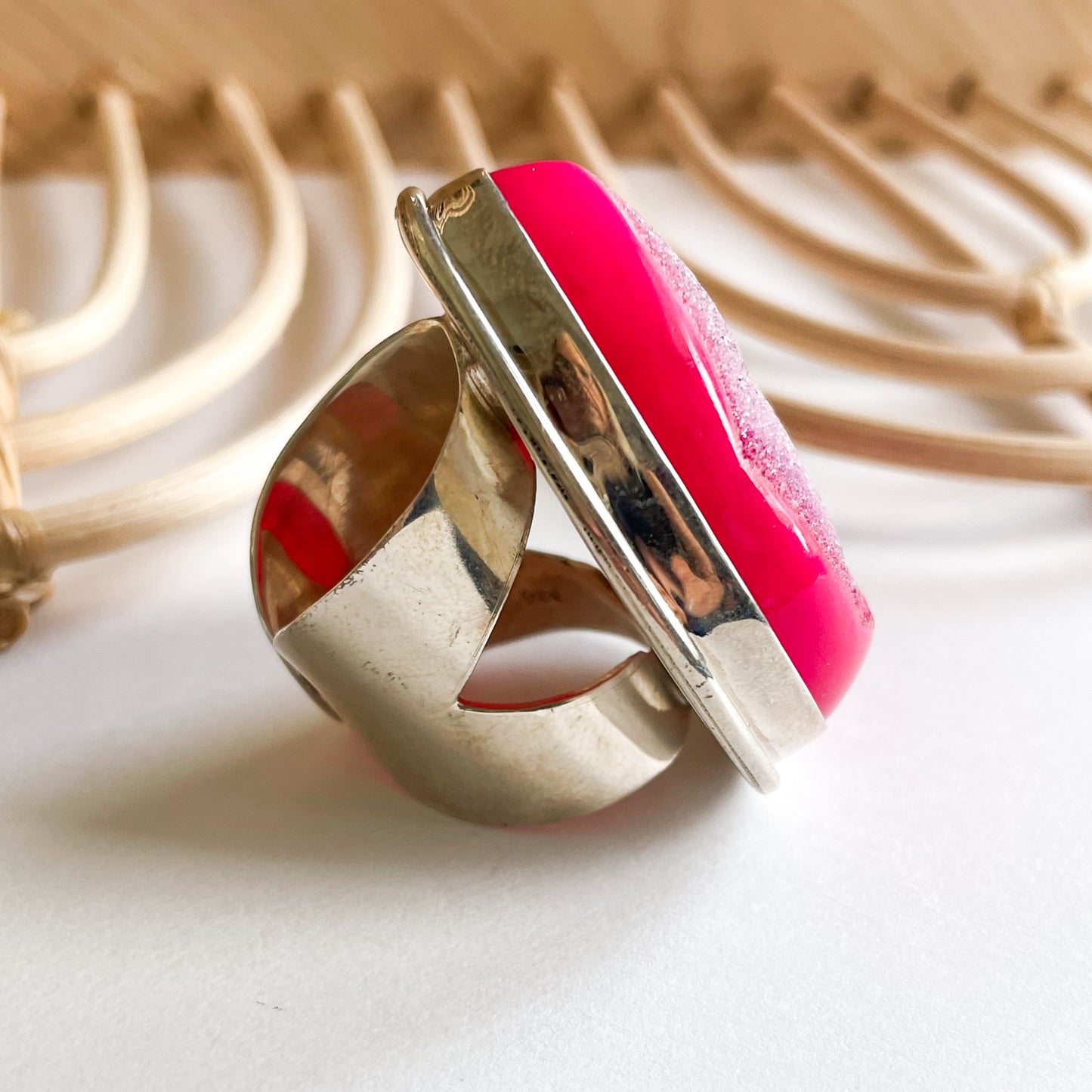 Pink Druzy Flex Cuff Statement Ring - Solid Sterling Silver
