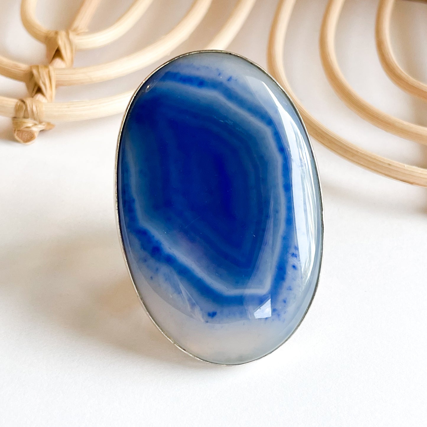 Blue Agate Flex Cuff Statement Ring - Solid Sterling Silver