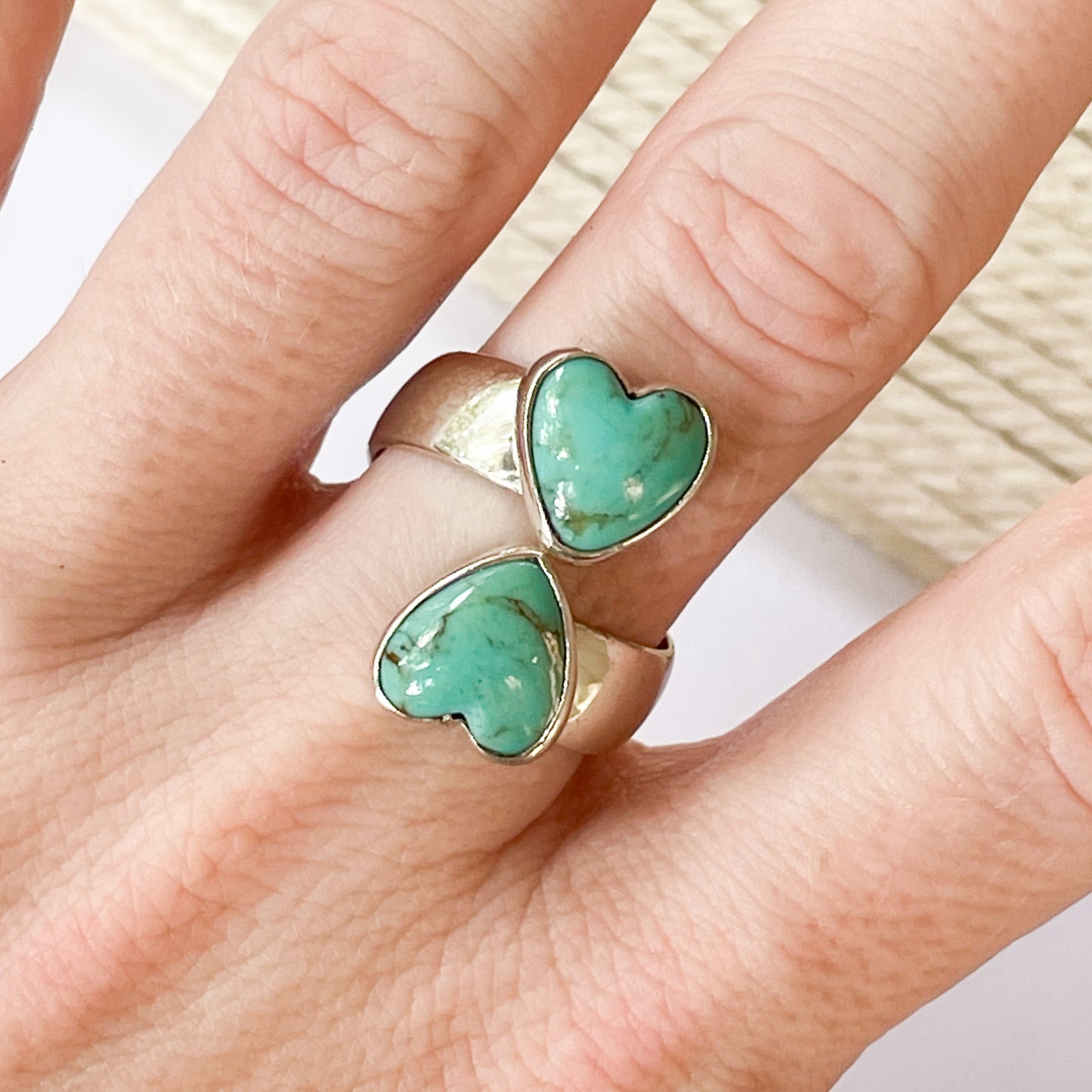 Turquoise Heart Bypass Ring - Solid Sterling Silver
