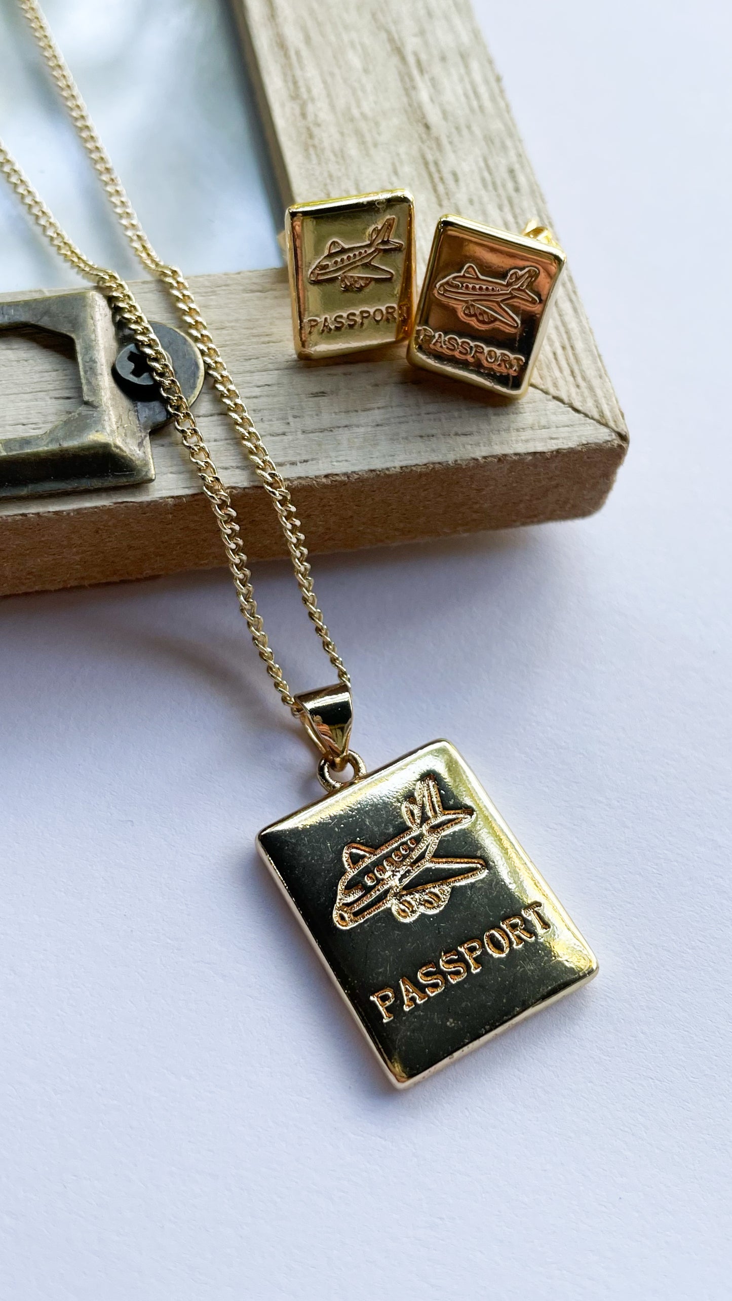 Passport Plate Earring & Necklace Set - 18k Gold Filled