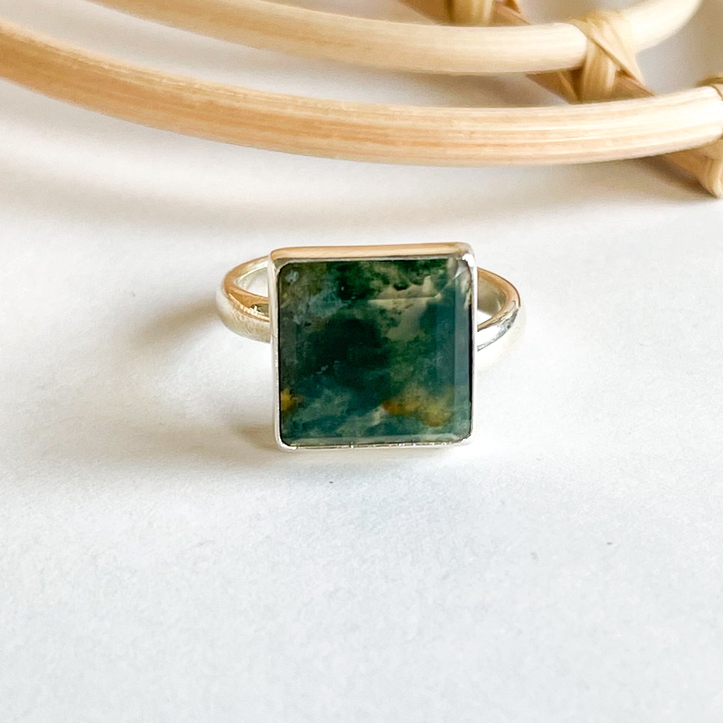Moss Agate Square Ring - Solid Sterling SIlver