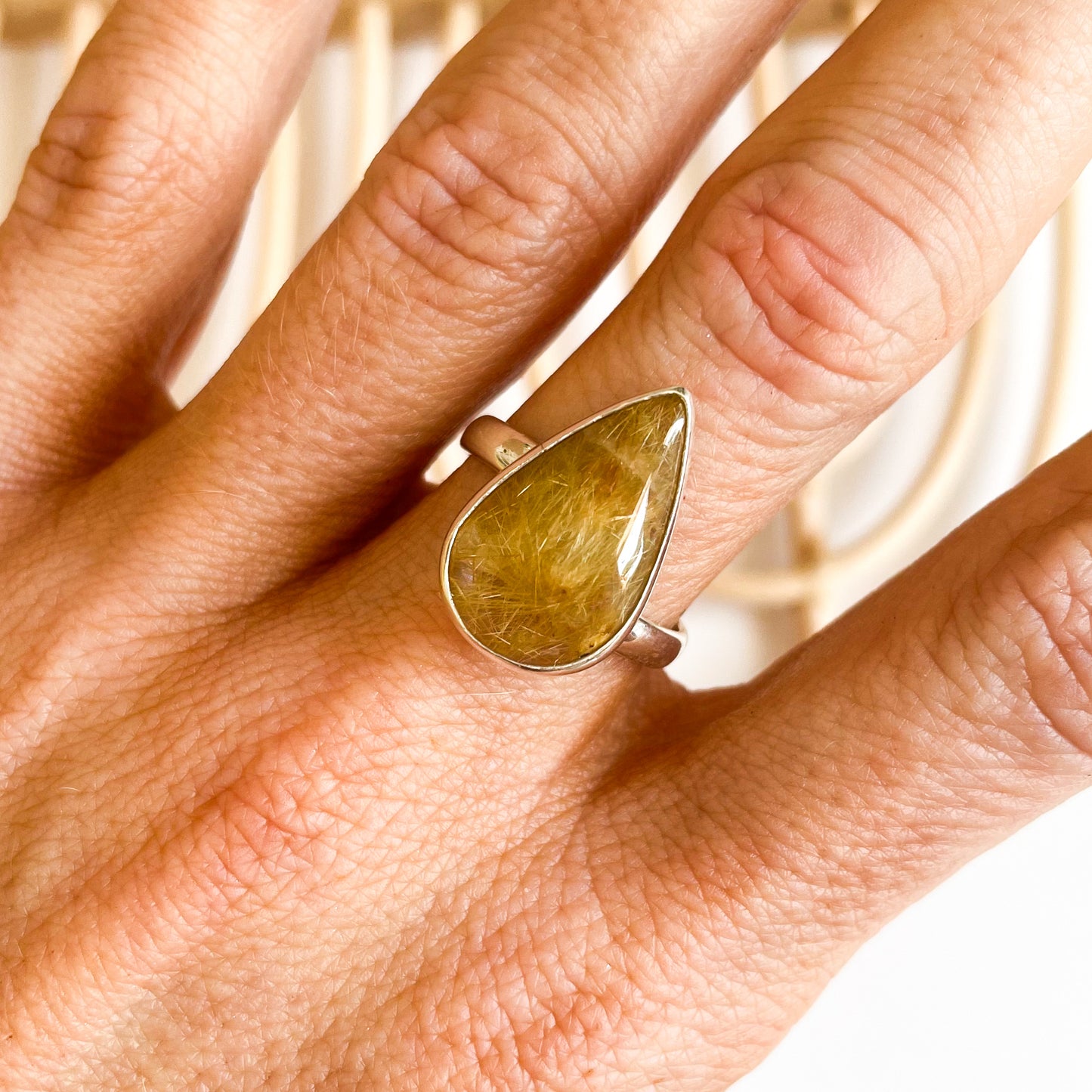 Golden Rutilated Quartz Teardrop Ring - Solid Sterling Silver