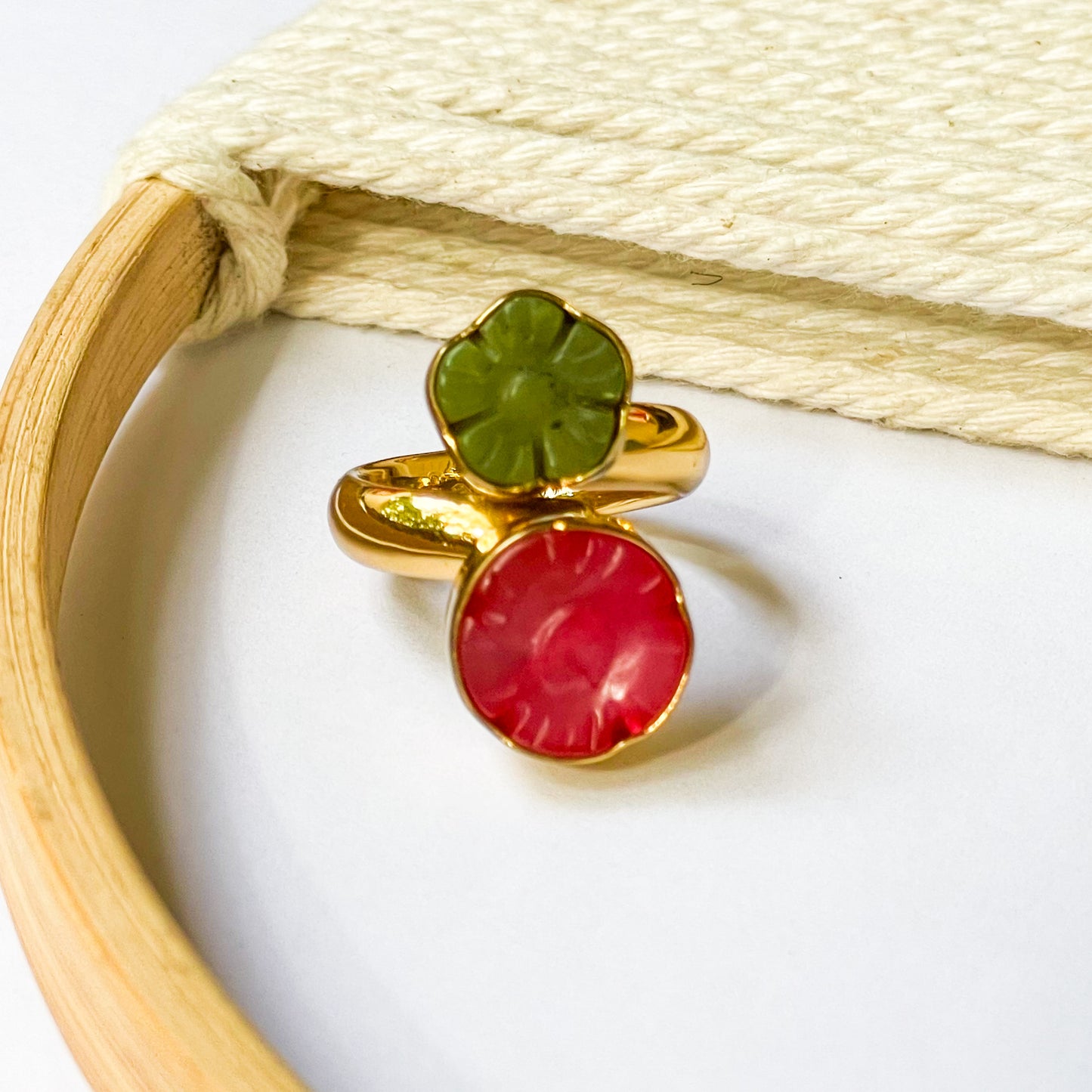 Jade Flower Pink & Green Bypass Ring - Alchemia