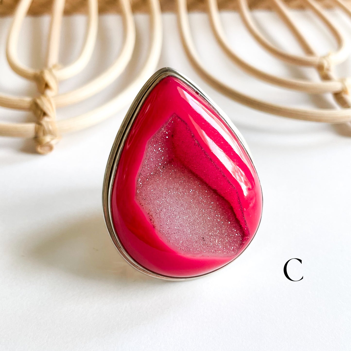 Pink Druzy Flex Cuff Statement Ring - Solid Sterling Silver