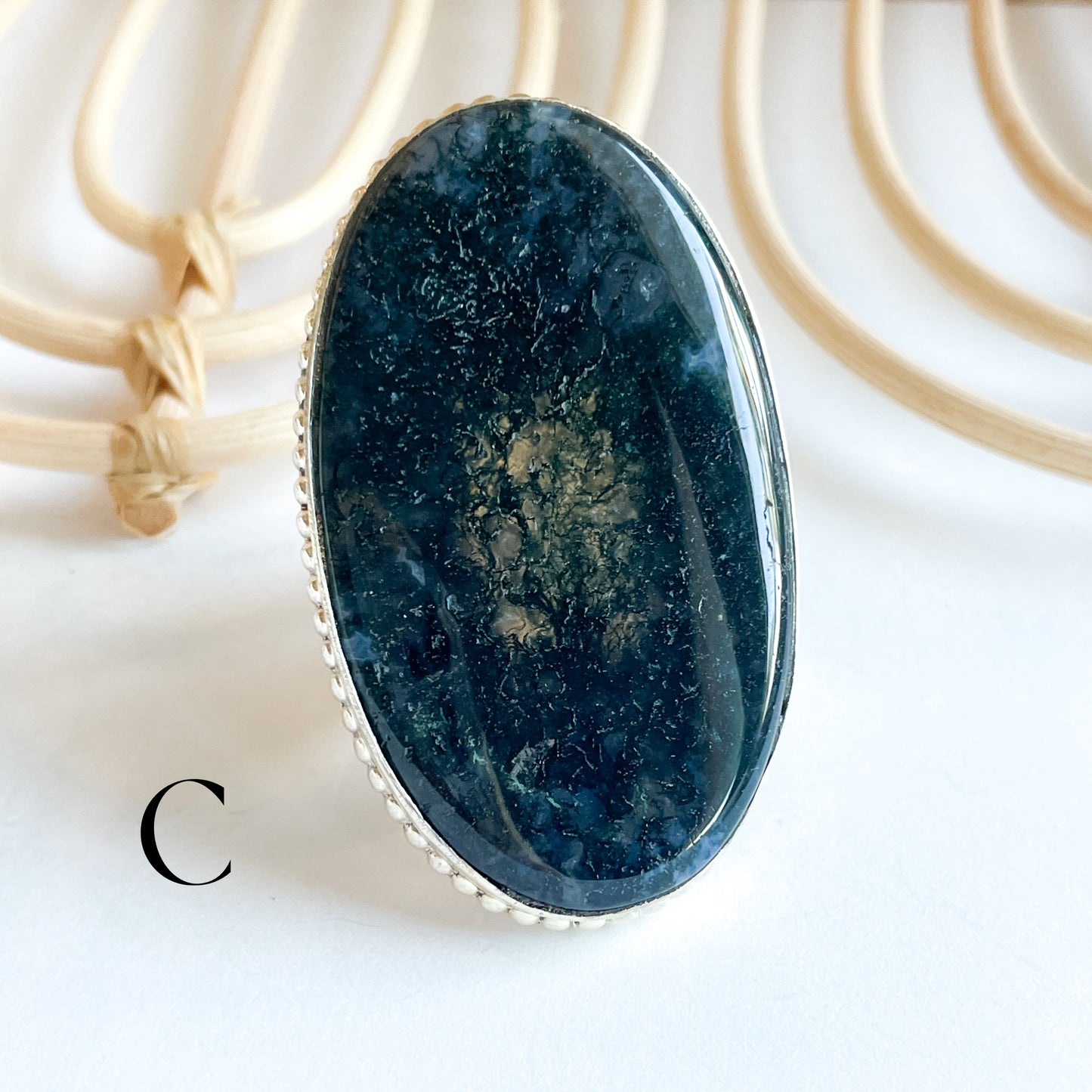 Moss Agate Flex Cuff Statement Ring - Solid Sterling Silver