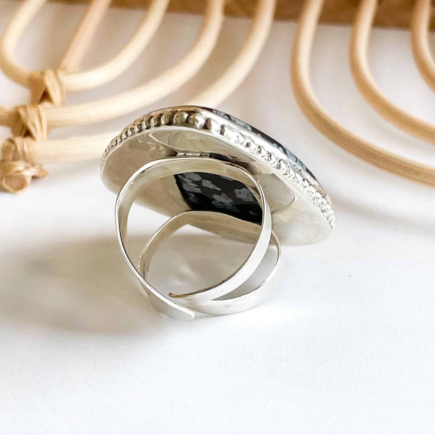Snowflake Obsidian Flex Cuff Statement Ring - Solid Sterling Silver