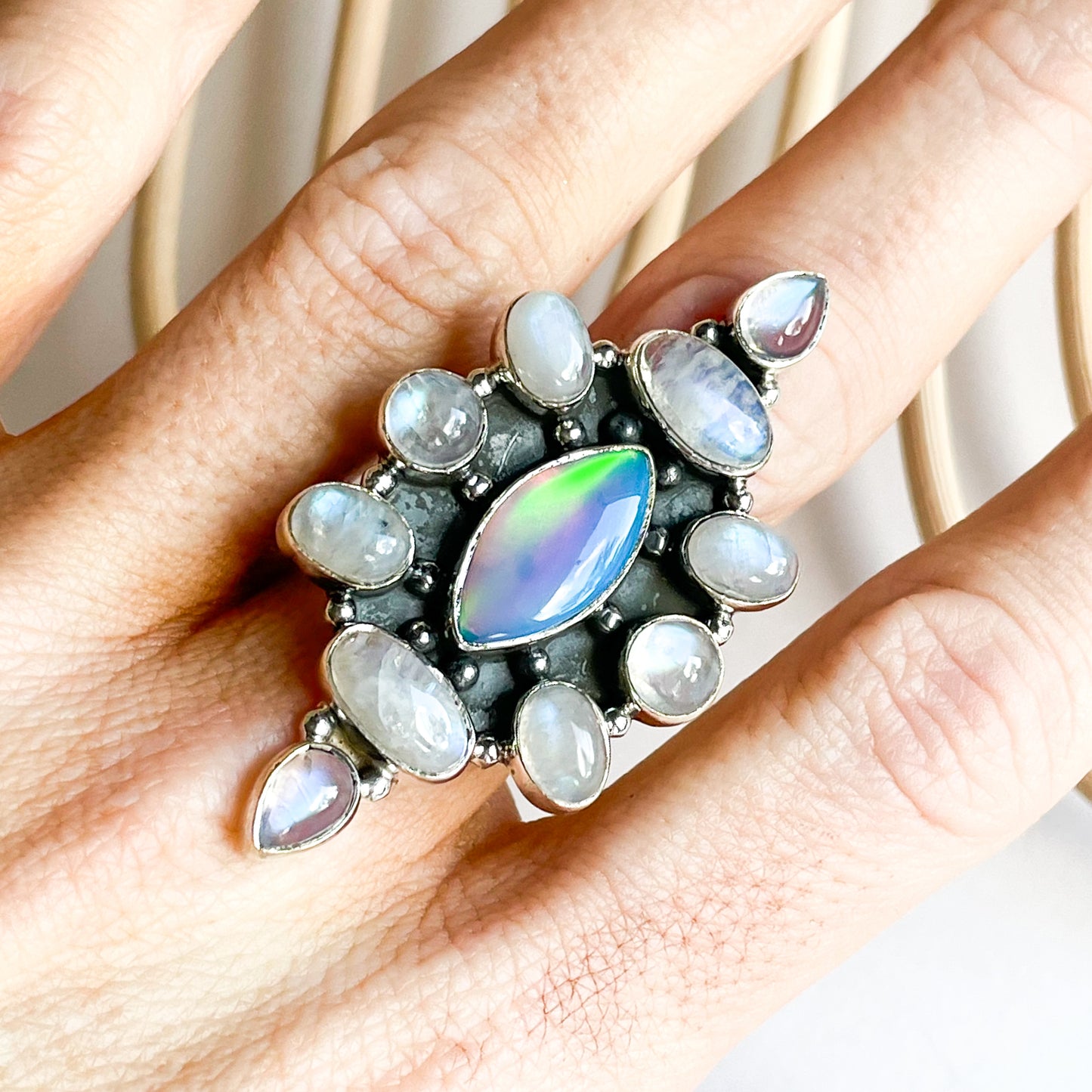 Galaxy Opal & Moonstone Statement Ring - Solid Sterling Silver - Blue & Purple