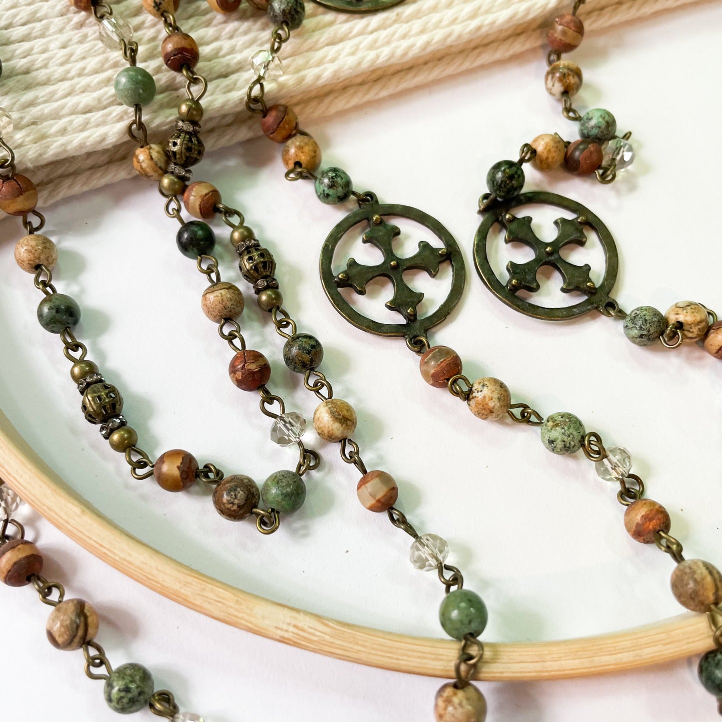 Earth Tone Jaspers and Agate with Cross Necklace - Dainty Boho