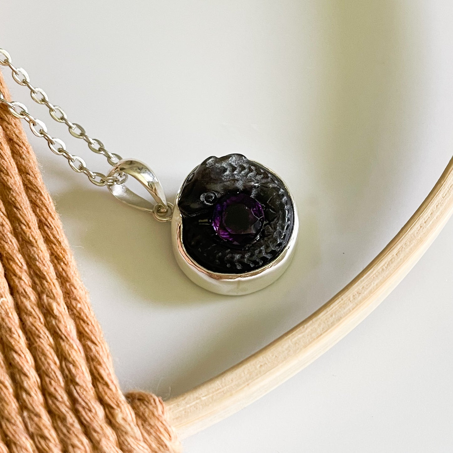 Serpent & Stone Pendant - Solid Sterling Silver