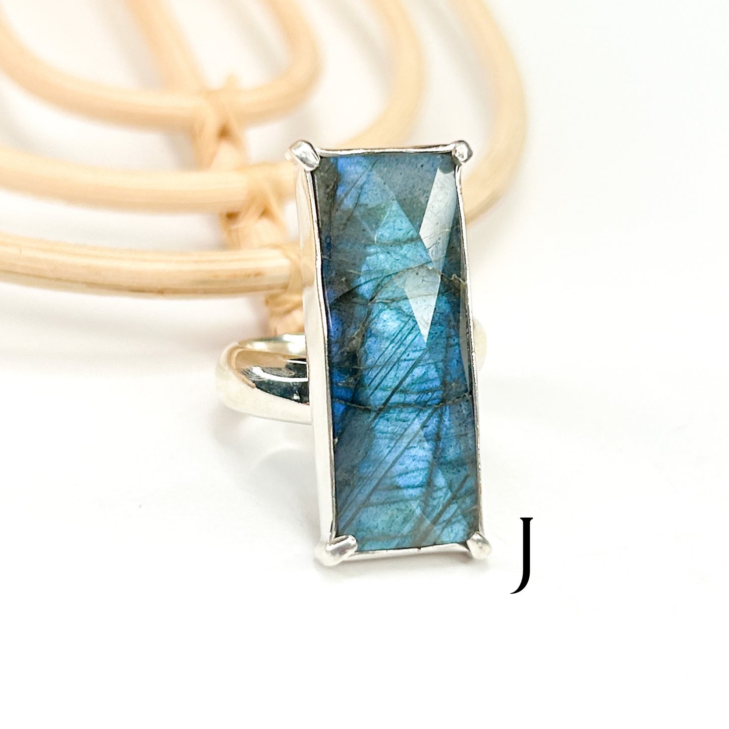 Labradorite Slim Rectangle Faceted Ring - Solid Sterling Silver