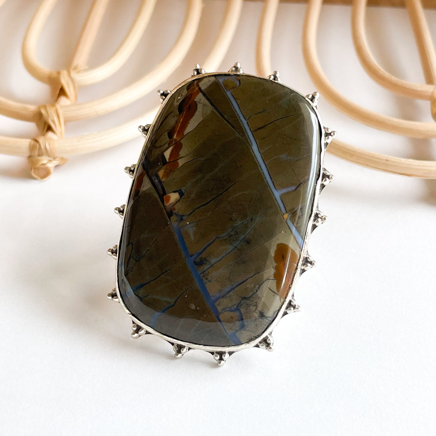 Opalized Jasper Flex Cuff Statement Ring -  Solid Sterling Silver