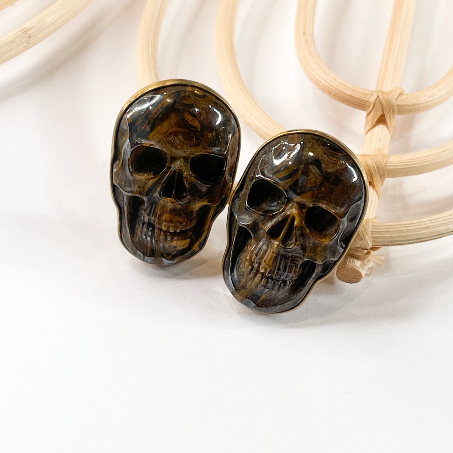Tiger eye Skull Clip On Earrings-Alchemia