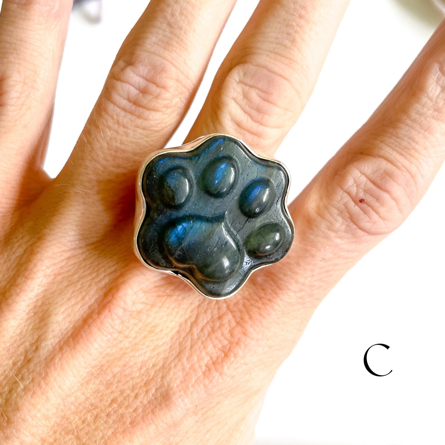 Labradorite Dog Paw Ring - Solid Sterling Silver