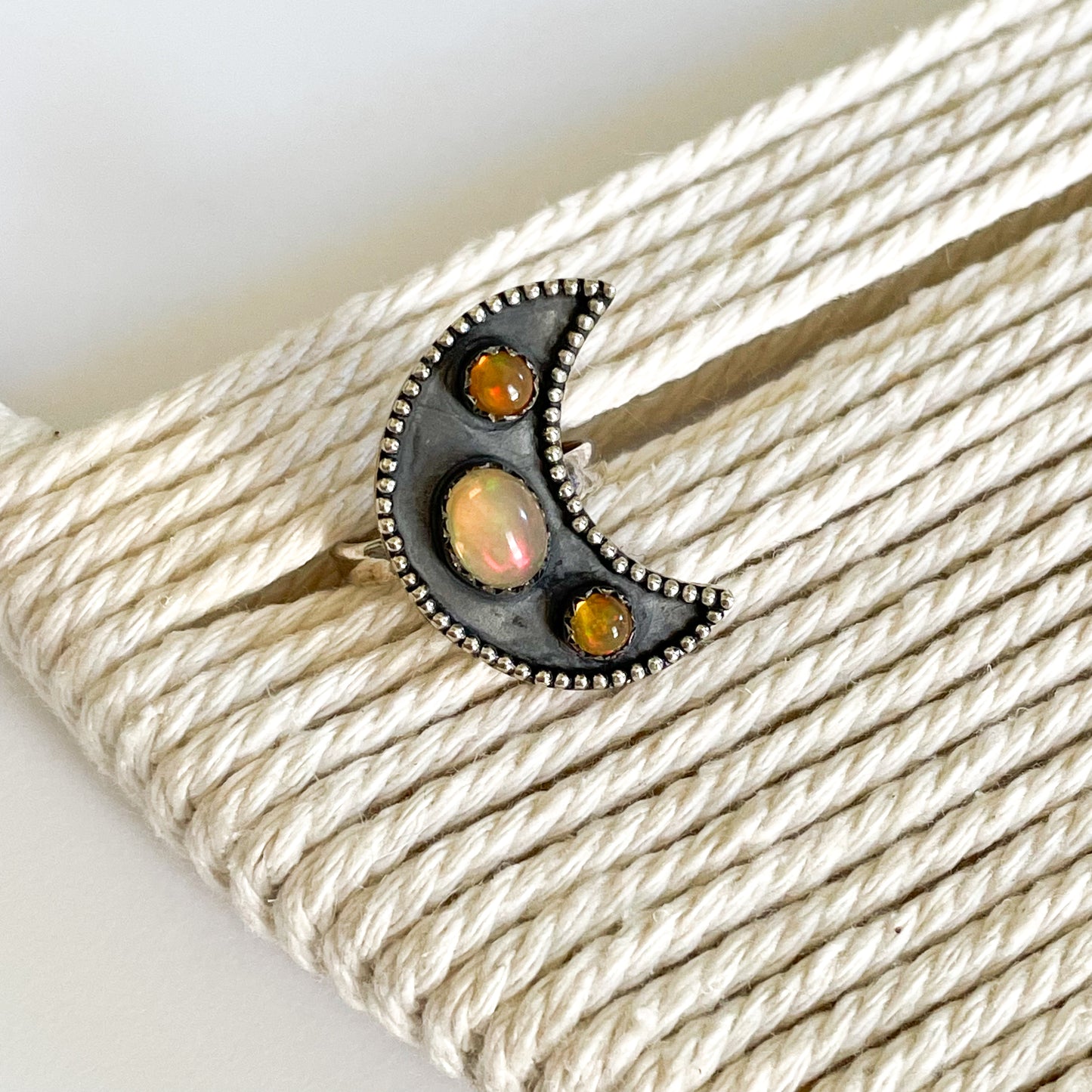 Ethiopian Opal Crescent Moon Ring - Solid Sterling Silver