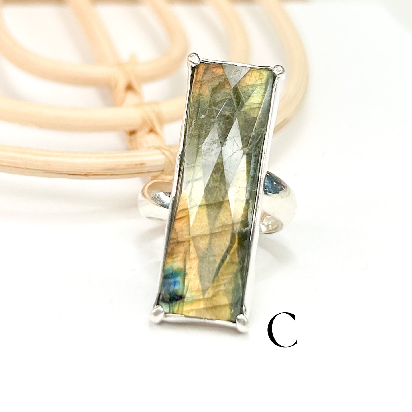 Labradorite Slim Rectangle Faceted Ring - Solid Sterling Silver