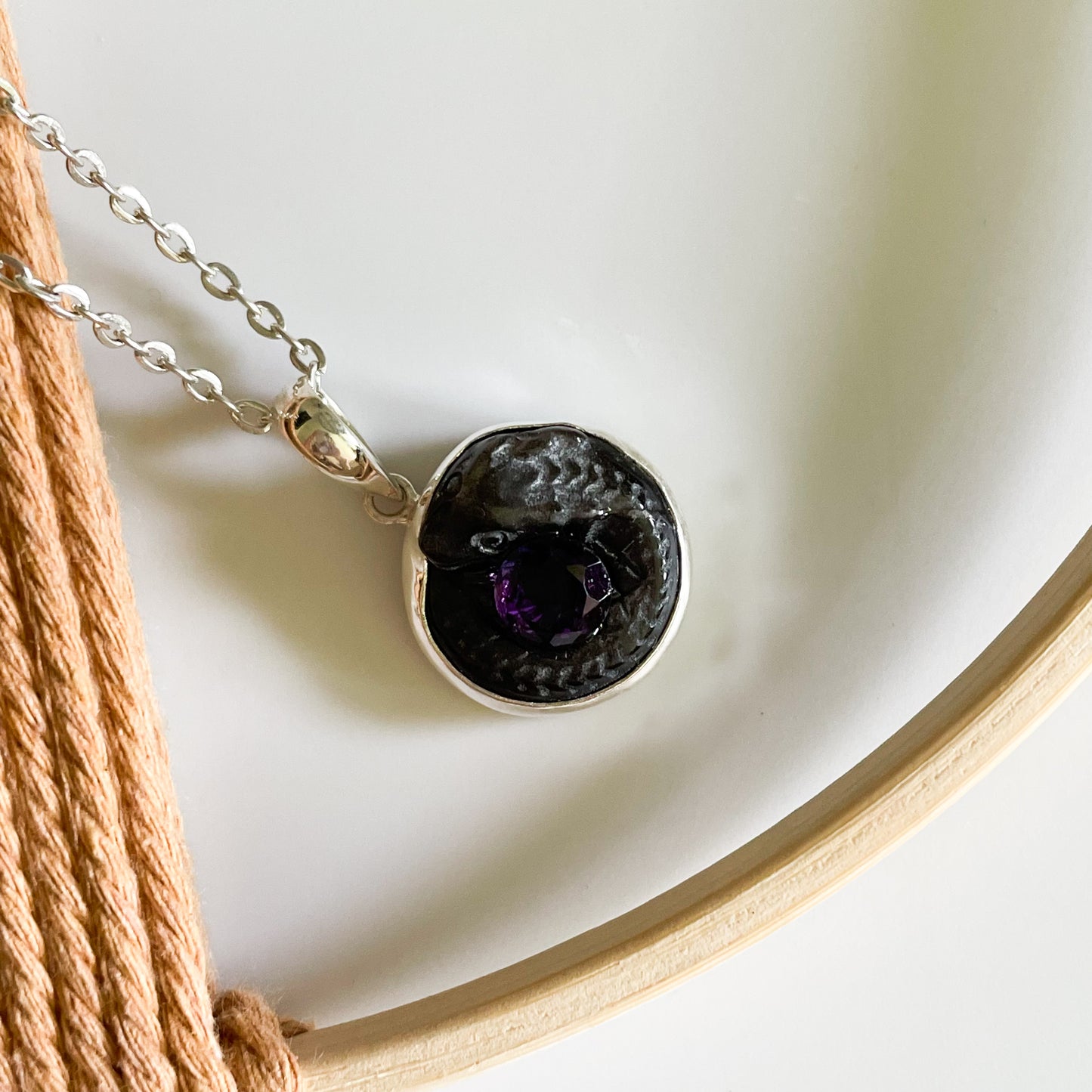 Serpent & Stone Pendant - Solid Sterling Silver
