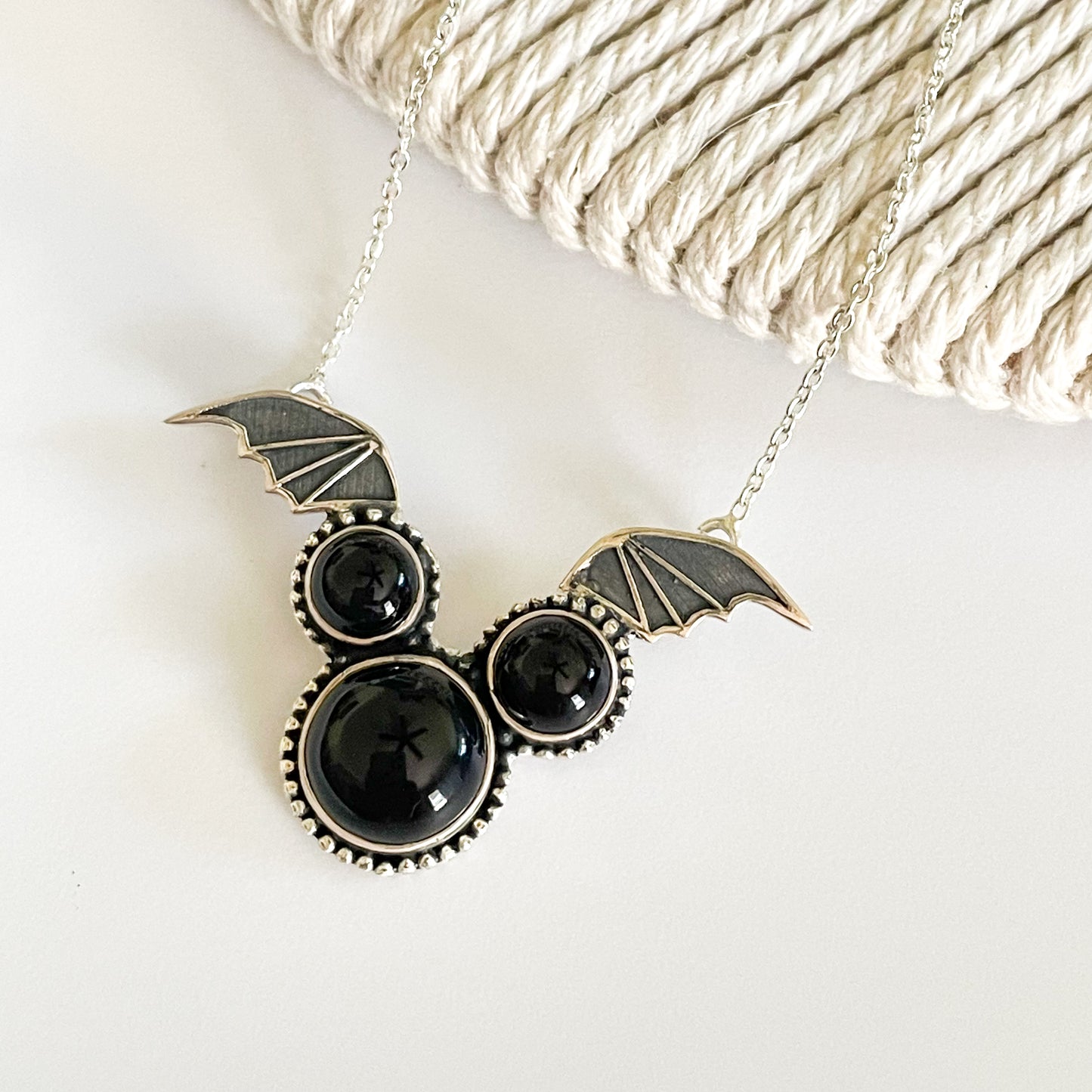 Black Onyx Bat Necklace - Solid Sterling Silver