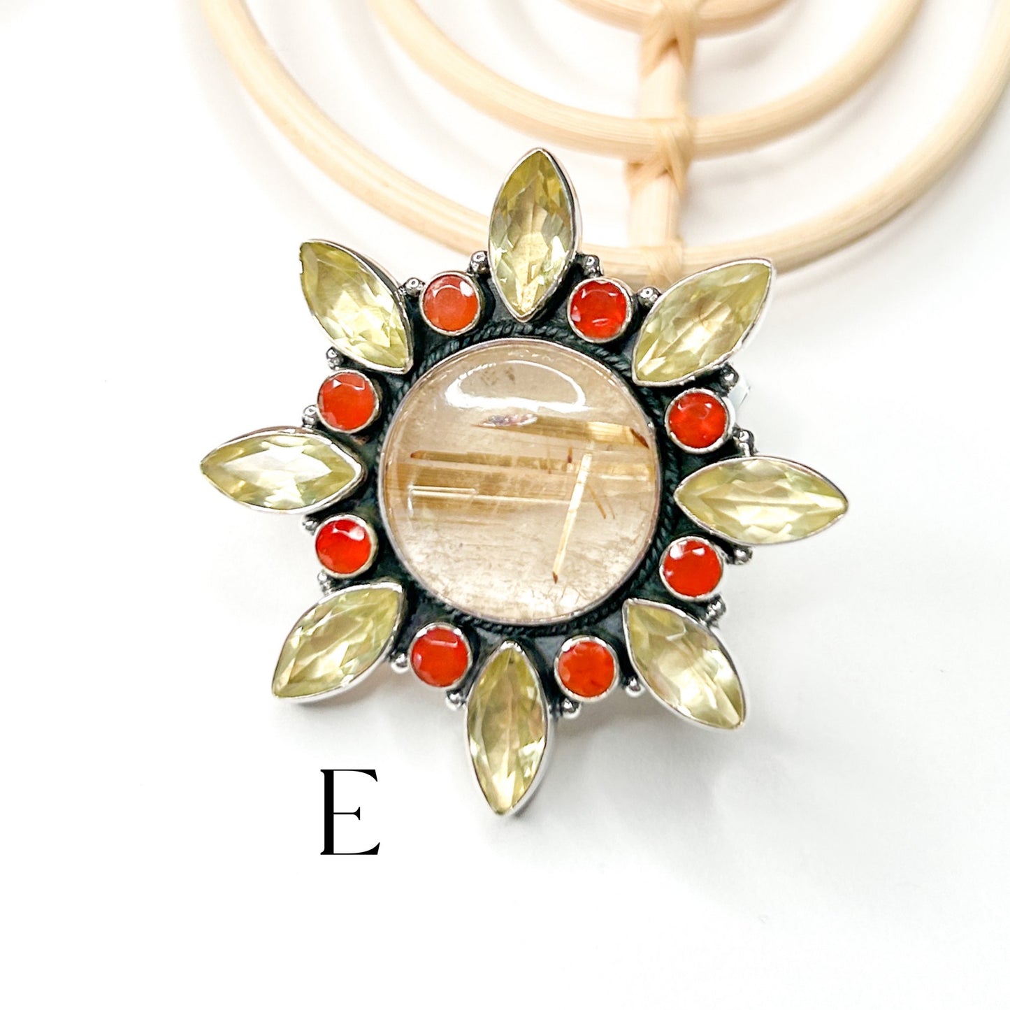 Golden Rutilated & Carnelian Statement Ring - Solid Sterling Silver