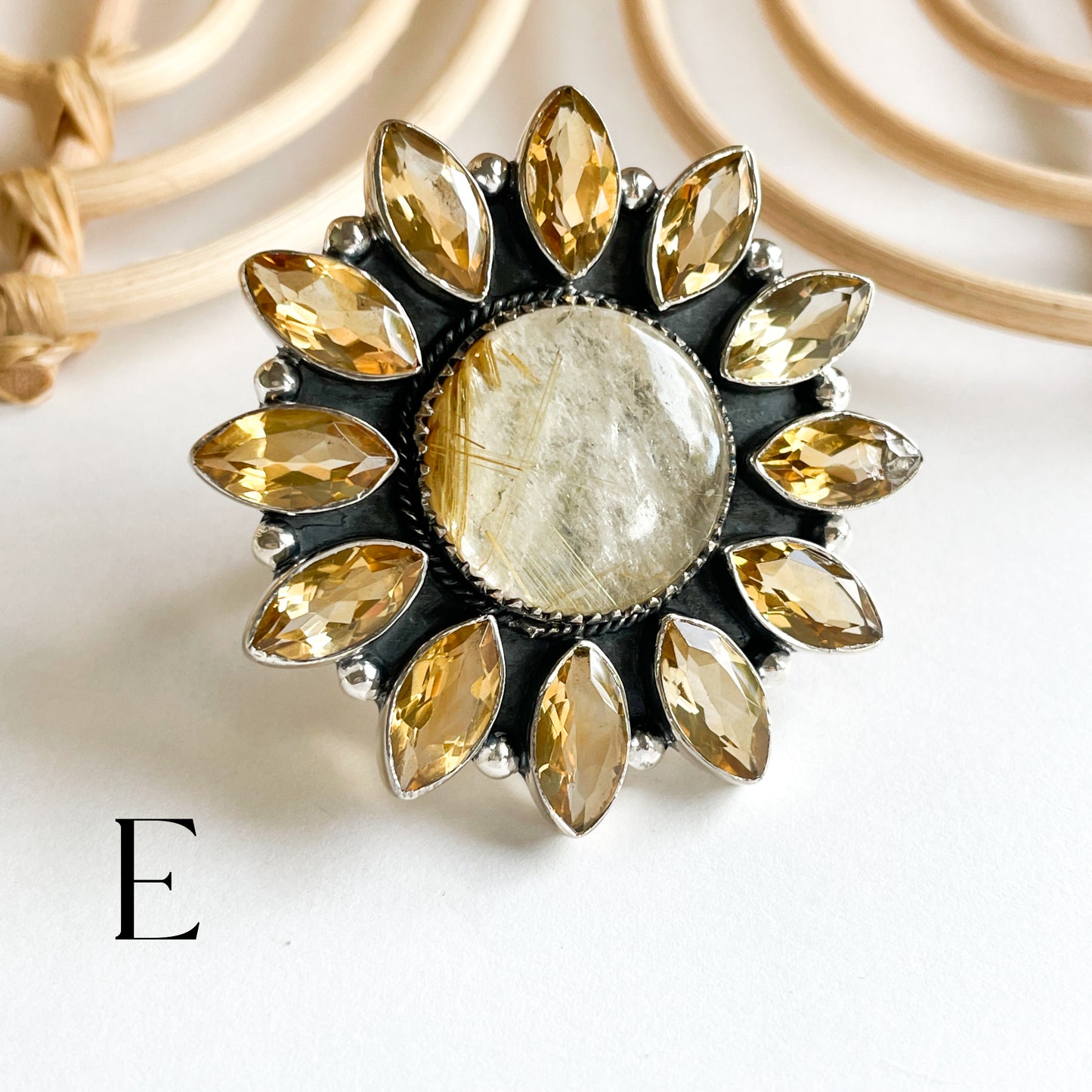 Citrine & Rutilated Quartz Statement  -  Solid Sterling Silver