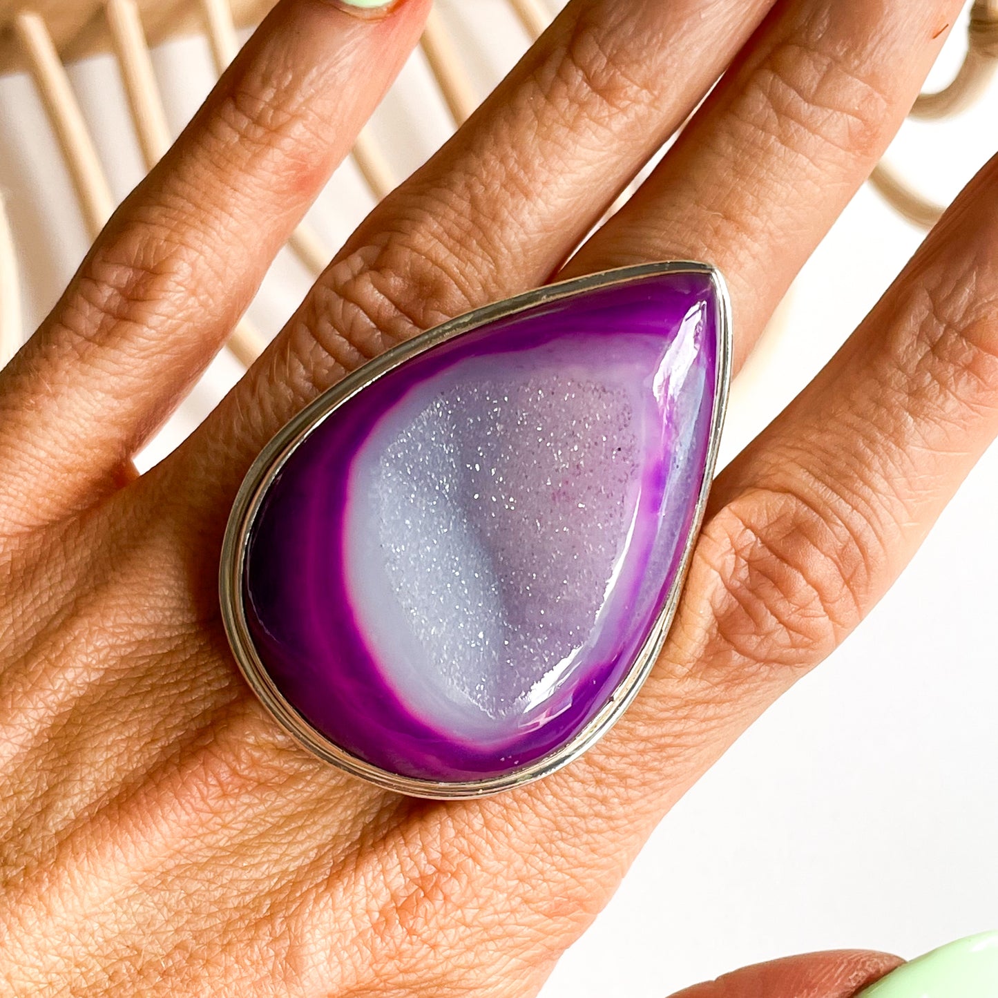 Purple Druzy Flex Cuff Statement Ring - Solid Sterling Silver