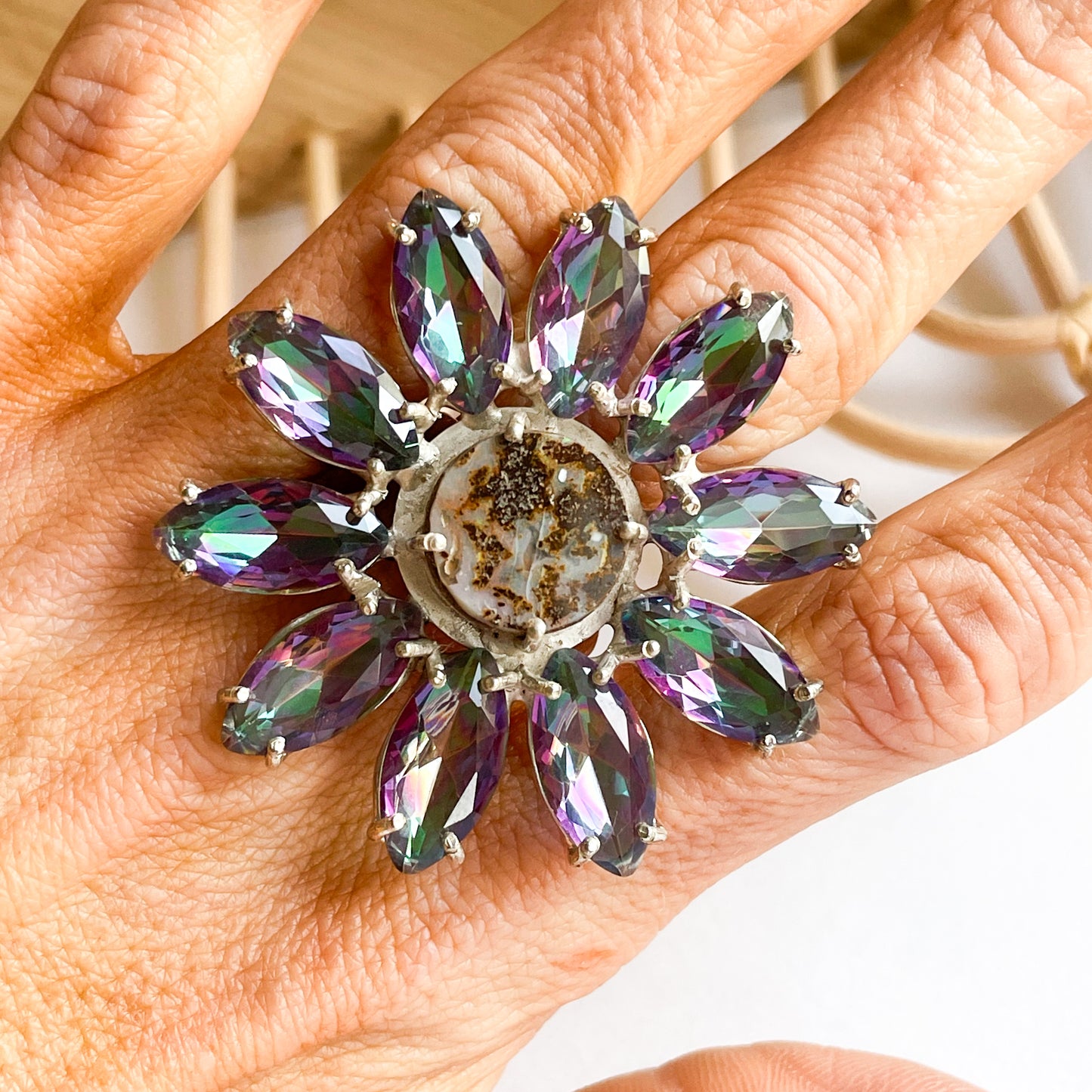 Mystic Quartz & Boulder Opal Flower Statement Ring - Solid Sterling Silver