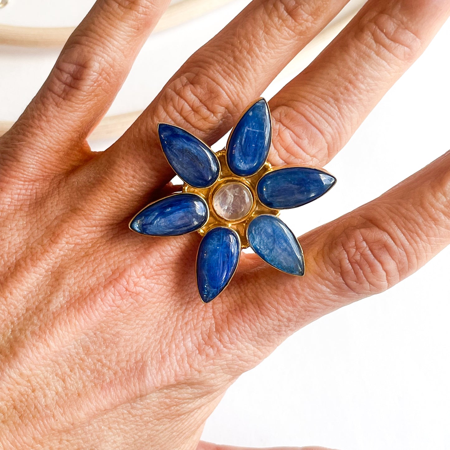 Kyanite & Moonstone Flower Ring - 18k Gold Plated over Silver