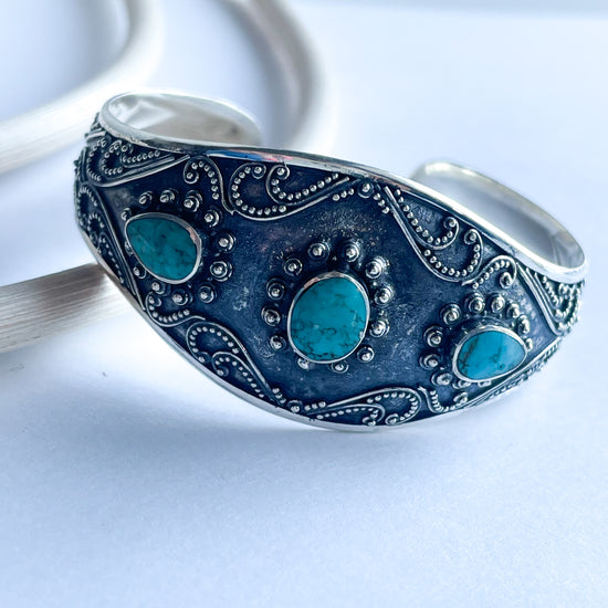 Turquoise Oxi Antique Cuff - Solid Sterling Silver