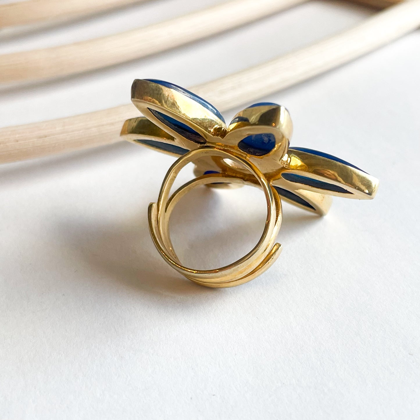 Kyanite & Moonstone Flower Ring - 18k Gold Plated over Silver