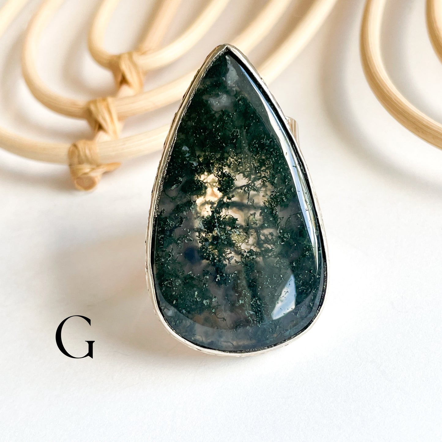 Moss Agate Flex Cuff Statement Ring - Solid Sterling Silver