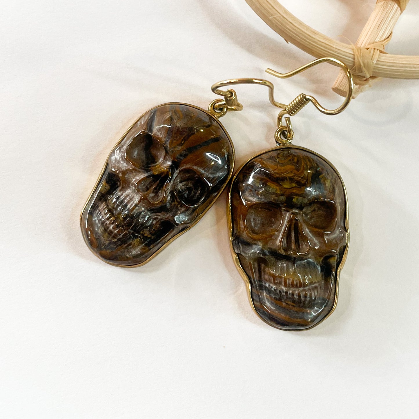 Tiger Eye Skull Dangle Earring -Alchemia