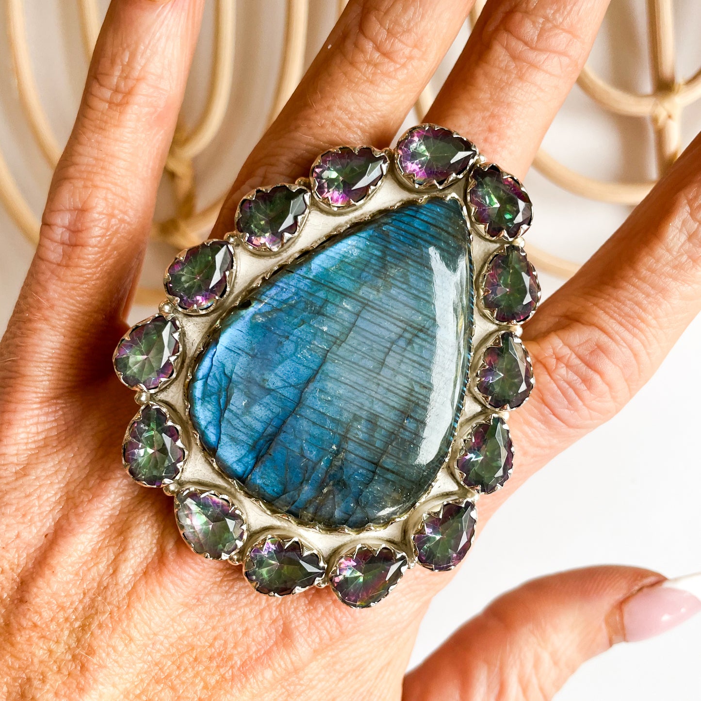 Labradorite & Mystic Quartz Statement Ring -  Solid Sterling Silver