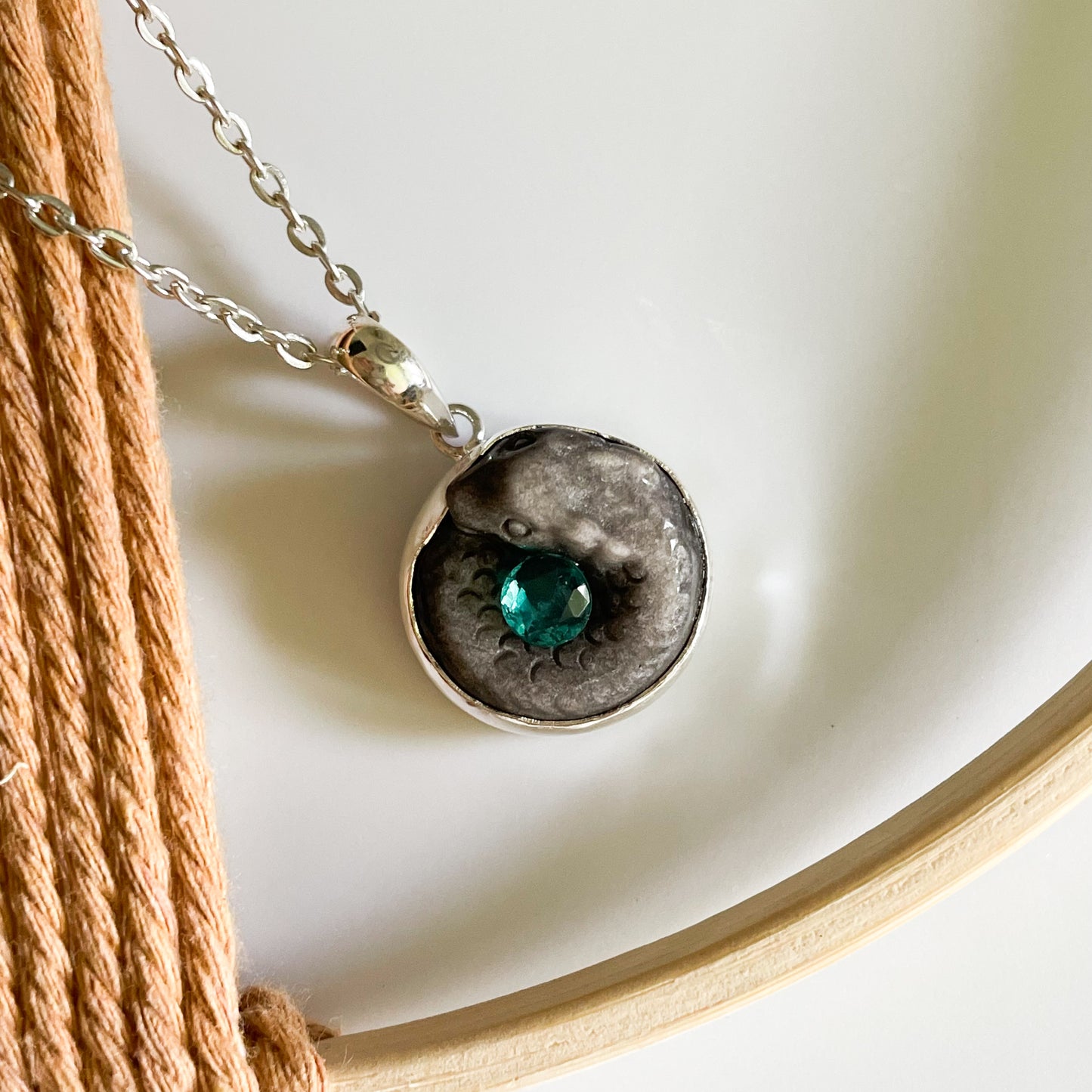 Serpent & Stone Pendant - Solid Sterling Silver