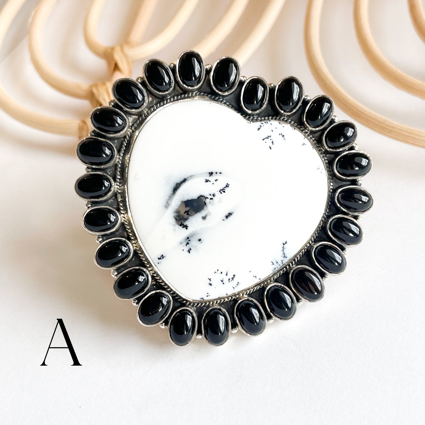 Dendrite & Onyx Heart Statement Ring - Solid Sterling Silver