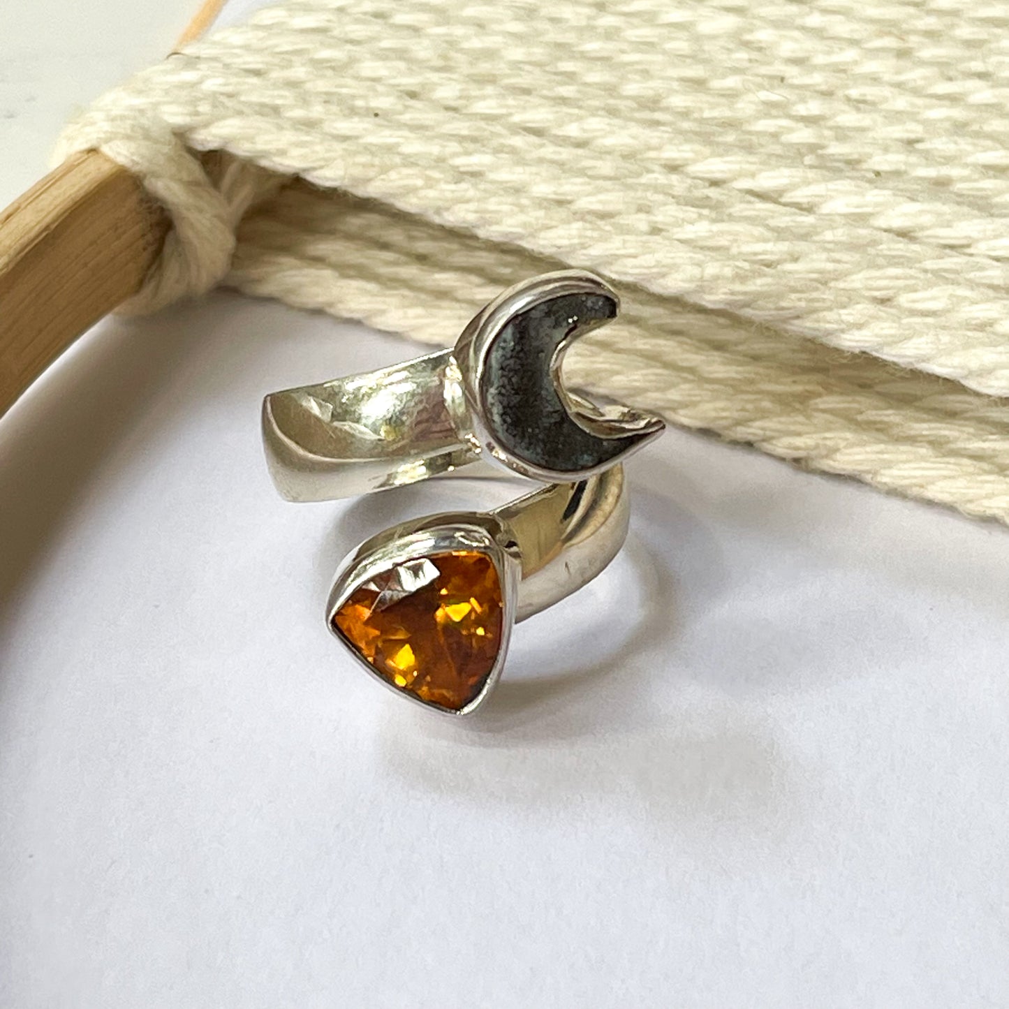 Trillion CZ & Moon Bypass Ring - Solid Sterling Silver