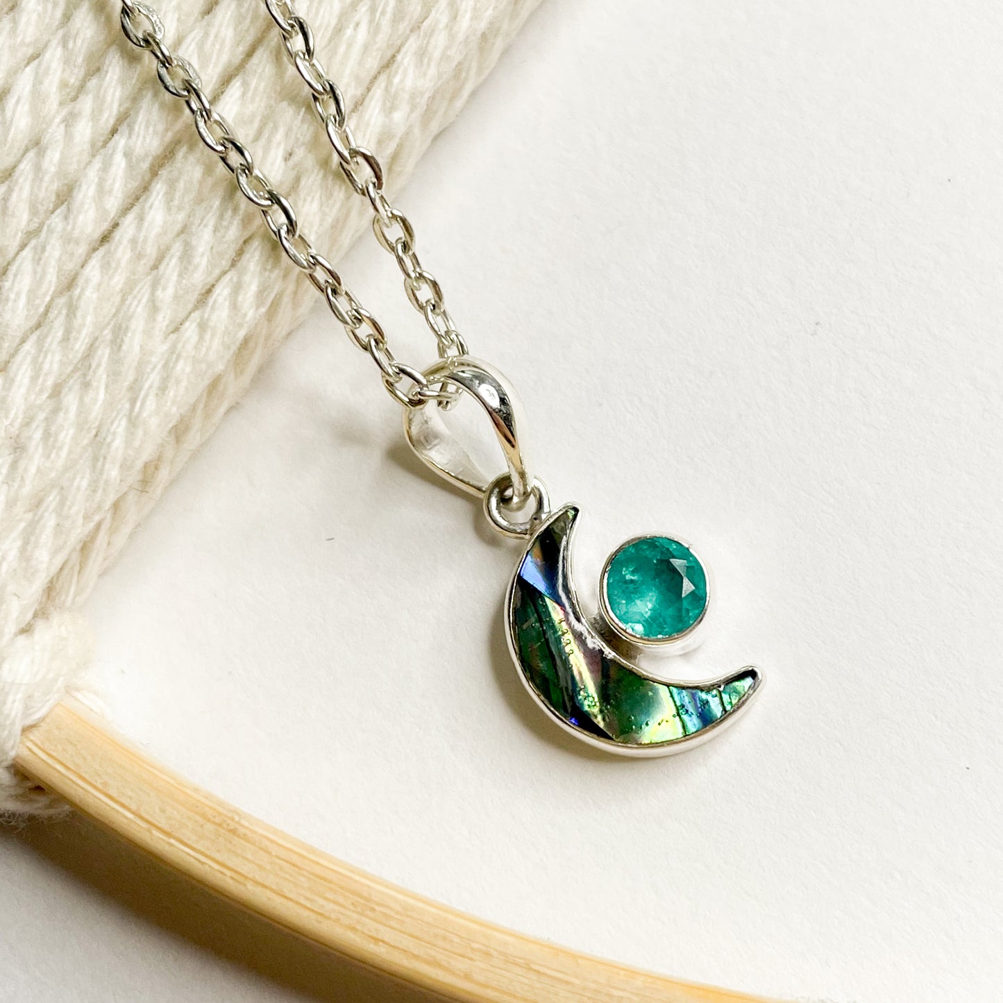 Abalone Moon & Gemstone Bypass Pendant & Ring- Solid Sterling Silver