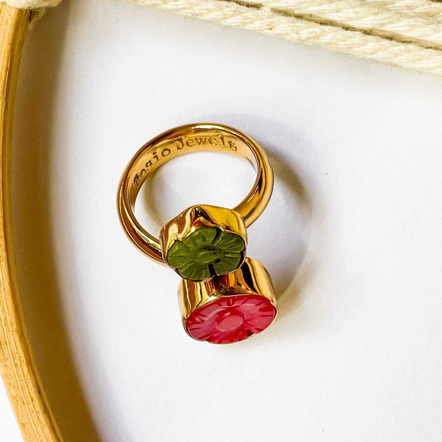 Jade Flower Pink & Green Bypass Ring - Alchemia