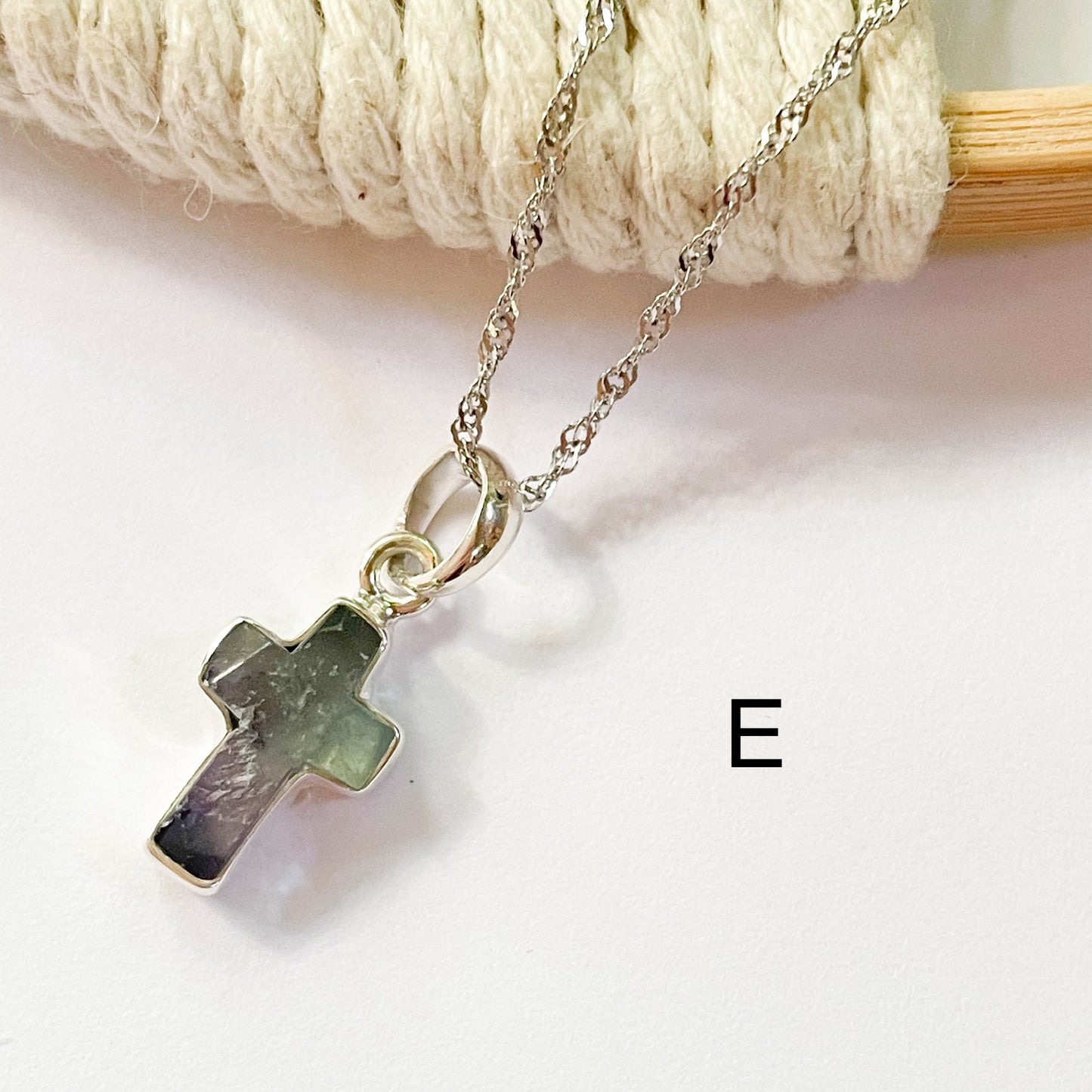 Fluorite Cross Dainty Pendant - Solid Sterling Silver