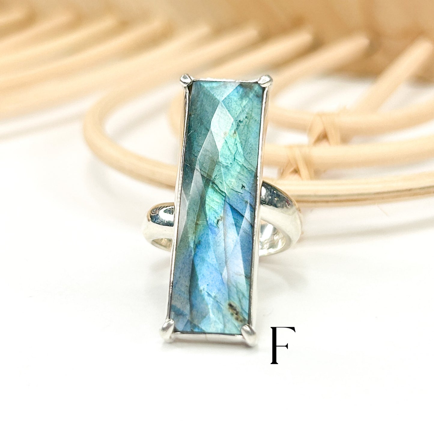 Labradorite Slim Rectangle Faceted Ring - Solid Sterling Silver