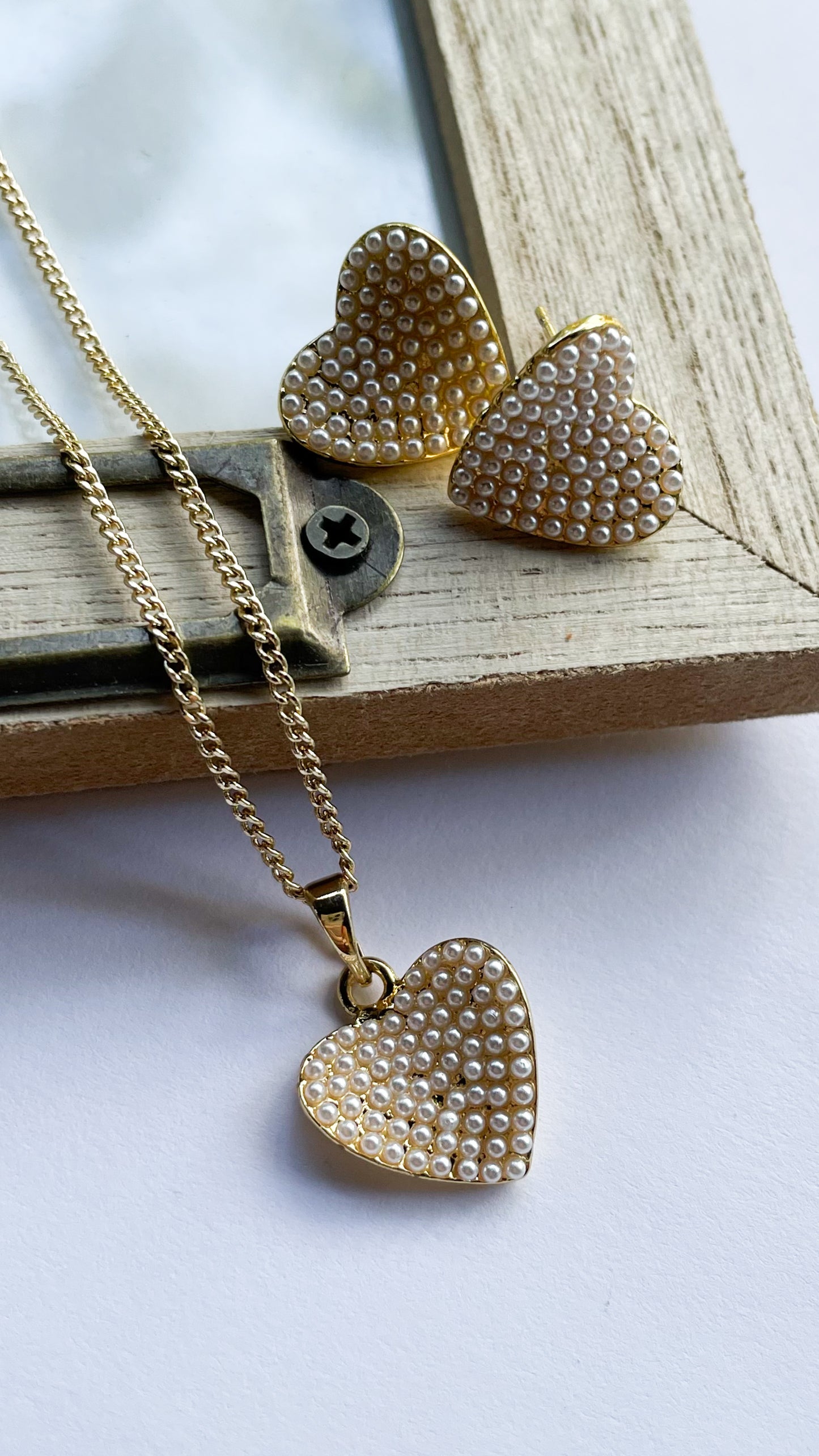Mini Pearl Heart Earring & Necklace Set - 18k Gold Filled