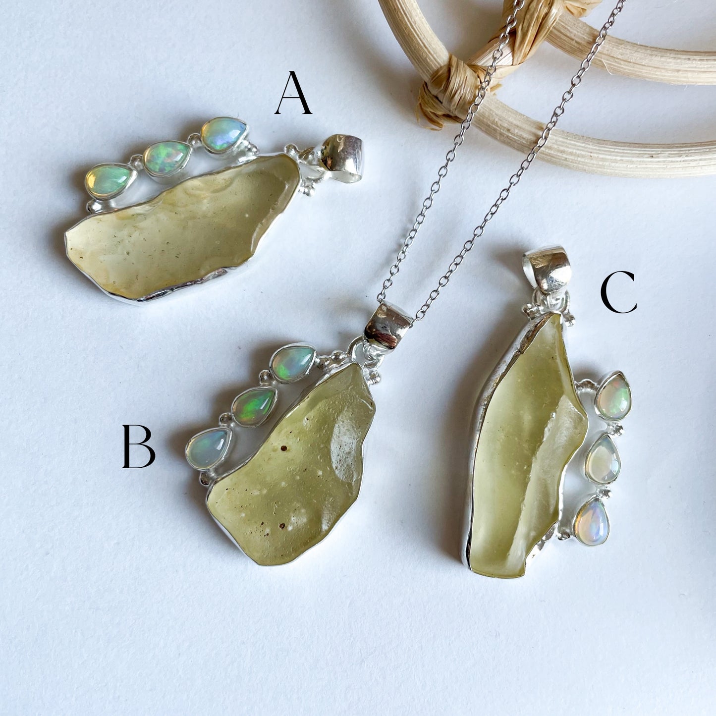Libyan Desert Glass & Opal Pendant - Solid Sterling Silver