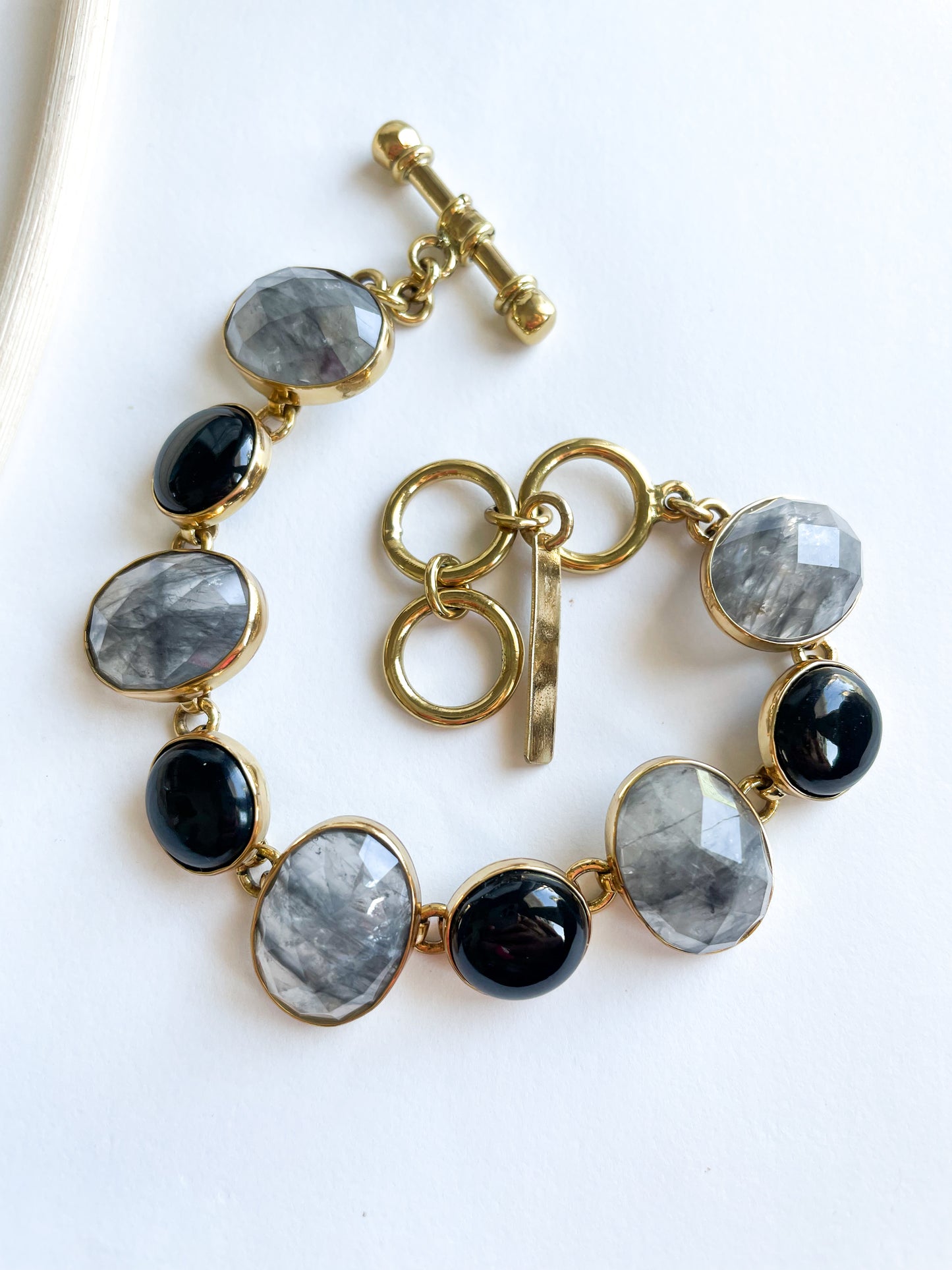 Black Onyx & Rutilated Quartz Bracelet - Both Metals