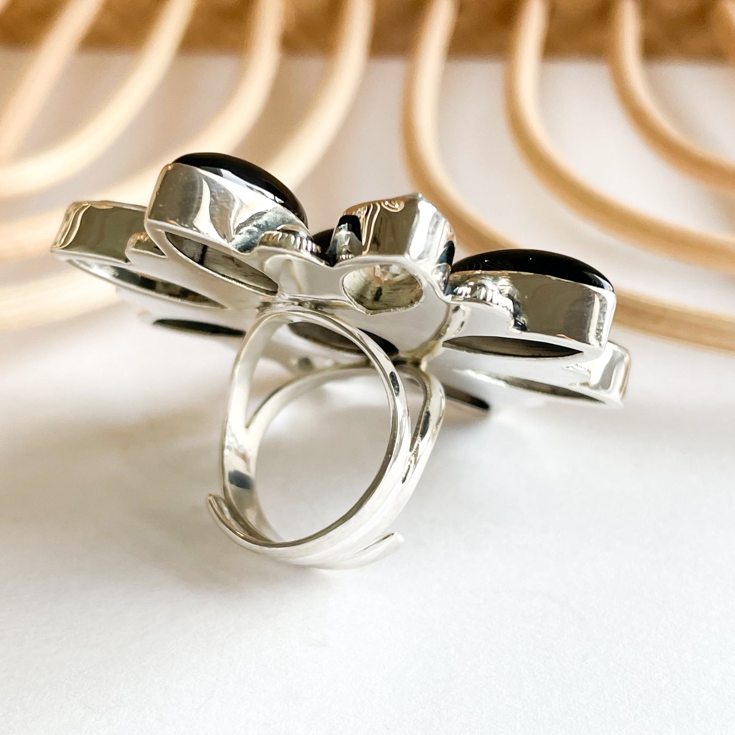 Black Onyx & Crystal Statement Ring - Solid Sterling Silver