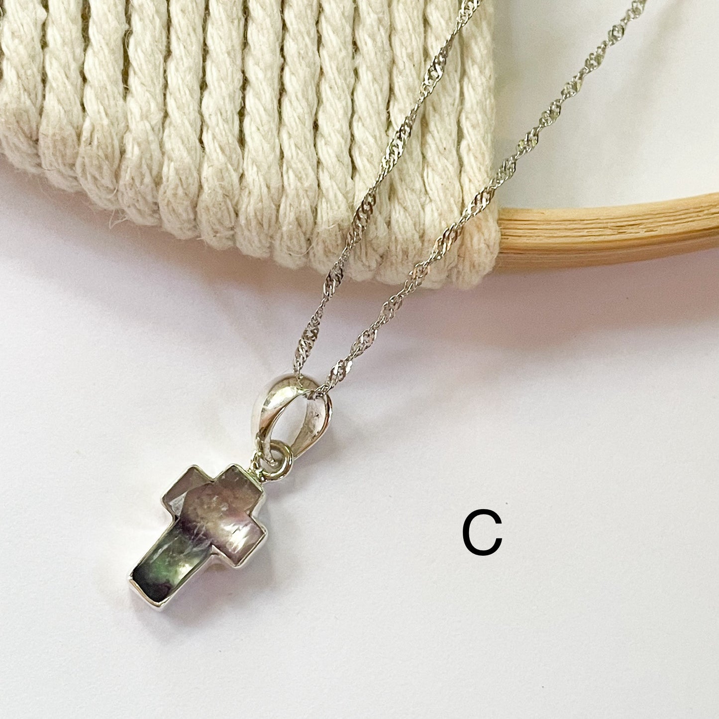 Fluorite Cross Dainty Pendant - Solid Sterling Silver