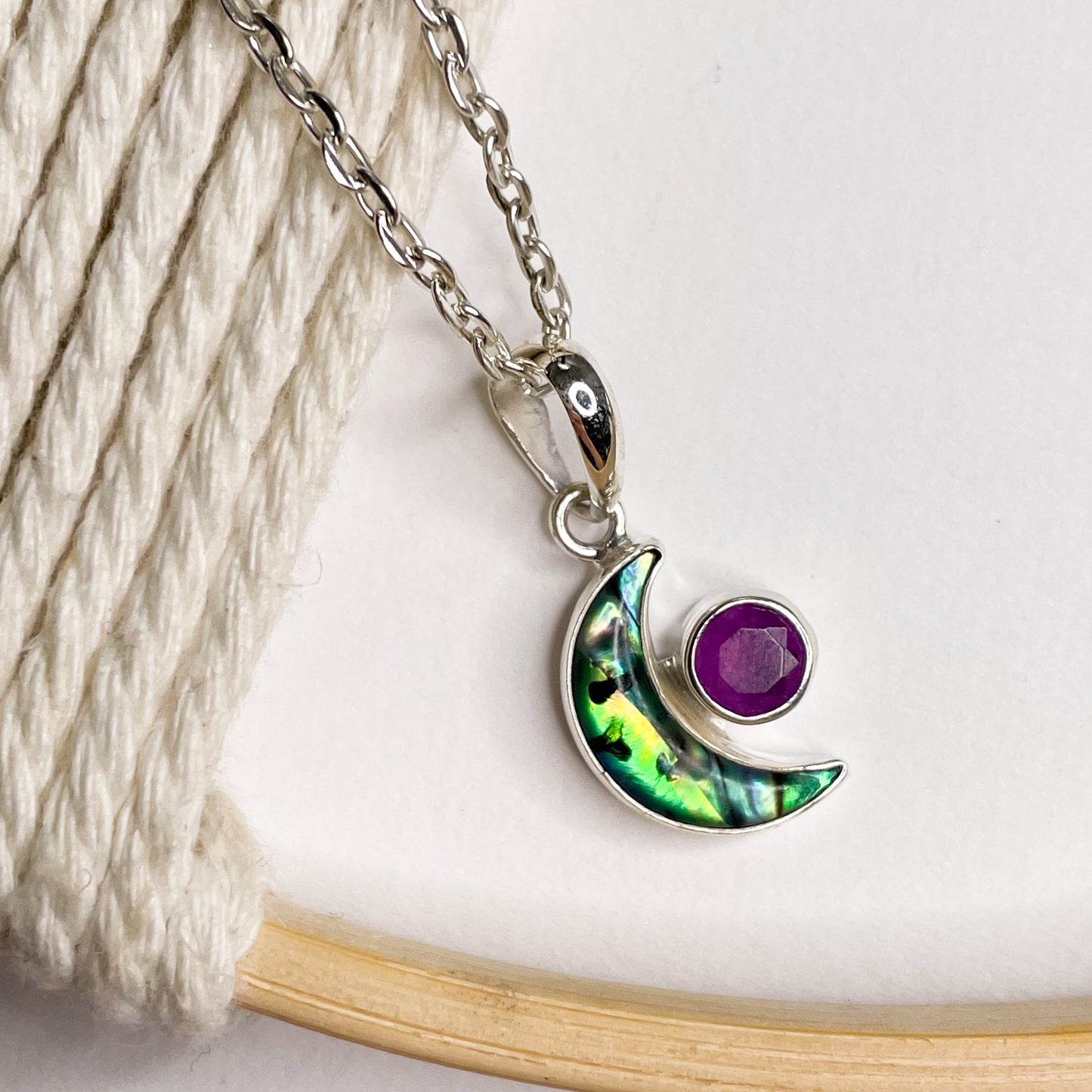 Abalone Moon & Gemstone Bypass Pendant & Ring- Solid Sterling Silver